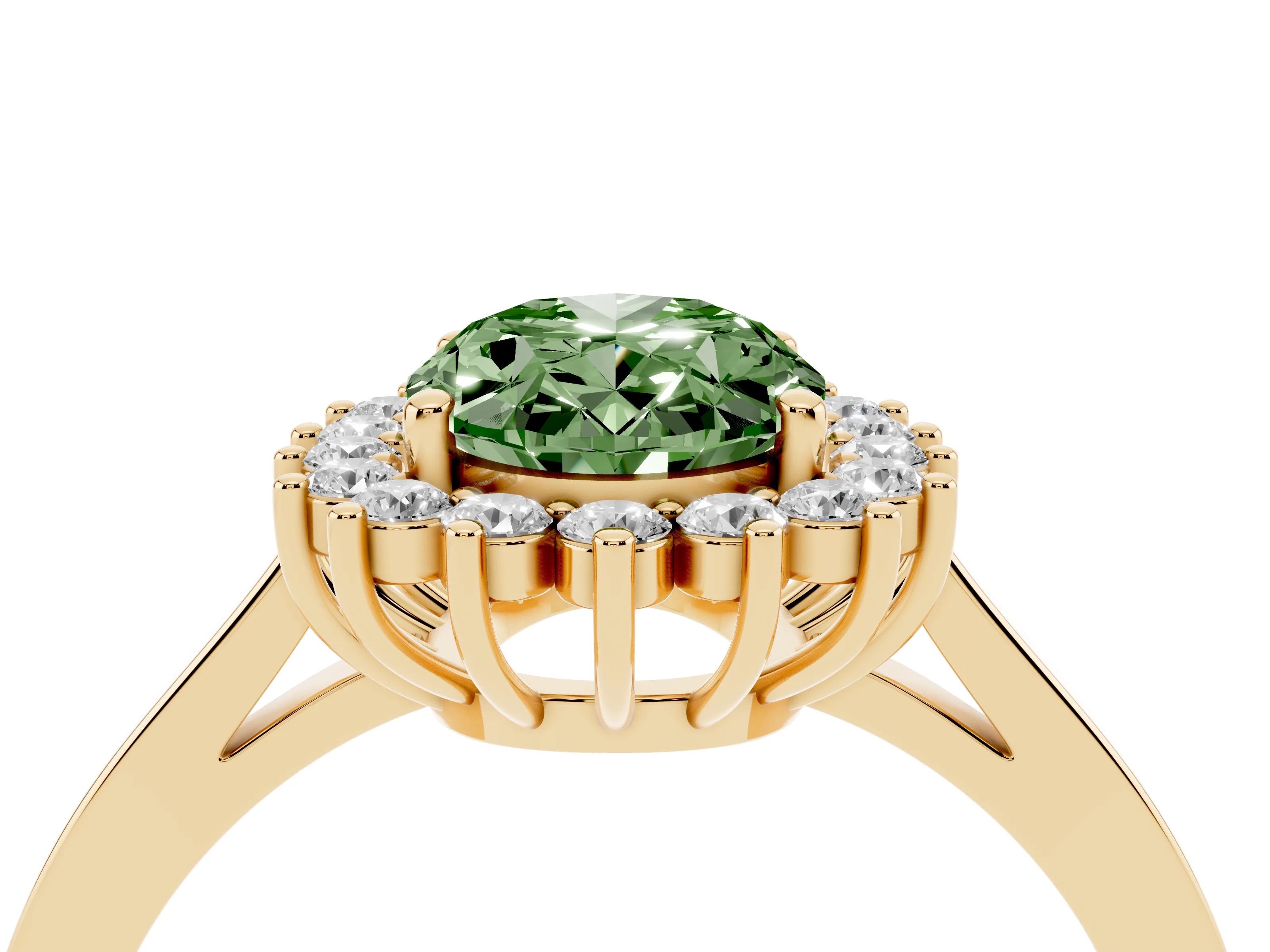 Fancy Green Oval Cut Diamond Halo Ring Set in Yellow gold with Round Halo and Smooth Solitaire Band