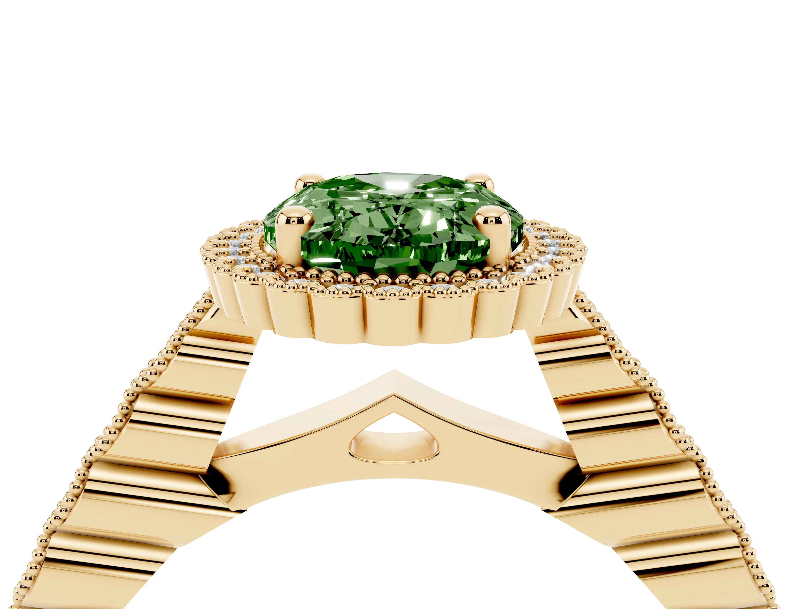Fancy Green Oval Cut Diamond Halo Ring Set in Yellow gold with Pavé Milgrain Band