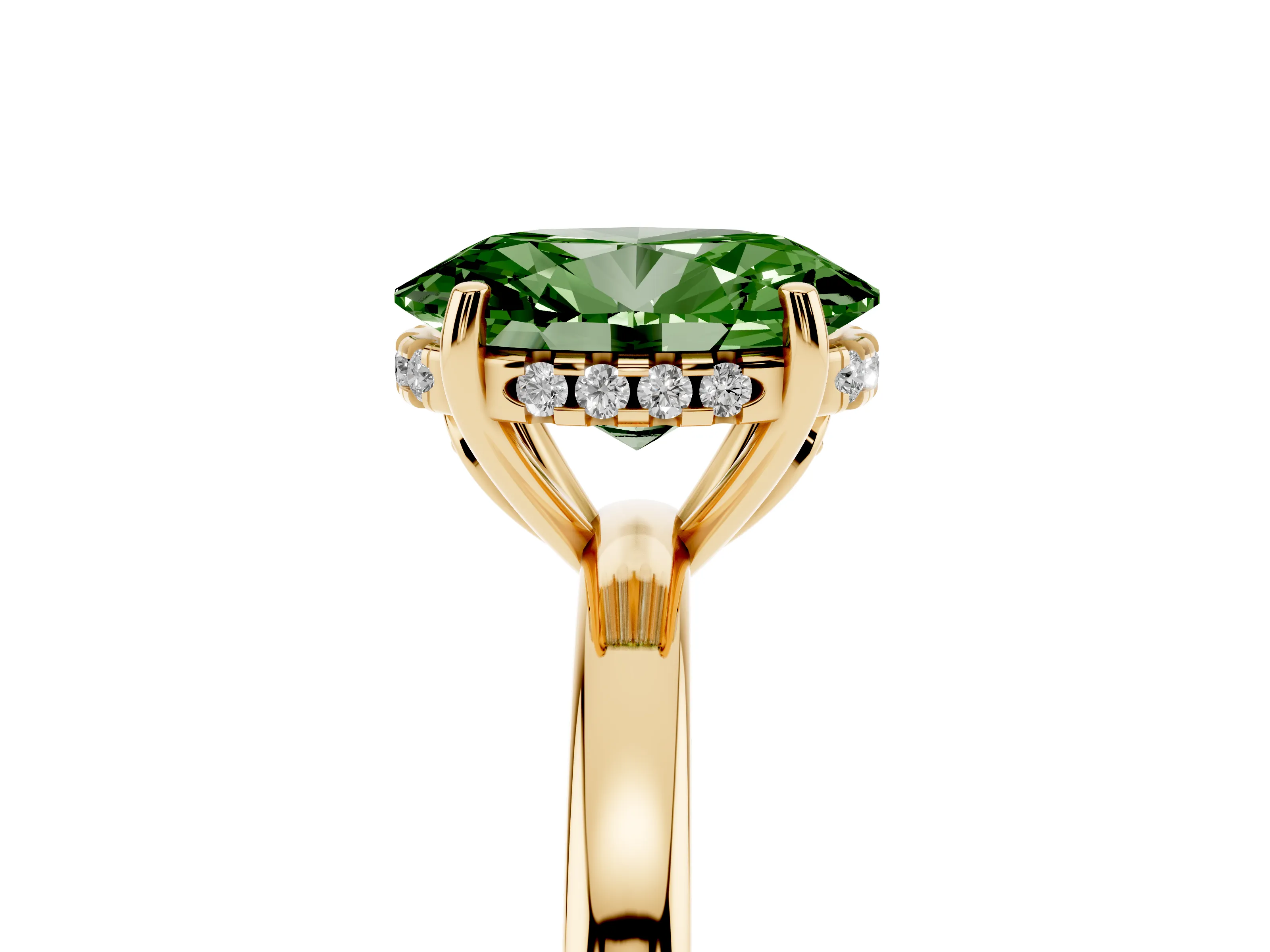 Fancy Green Oval Cut Diamond Solitaire Ring Set in Yellow gold with Plain Band and Prong Setting