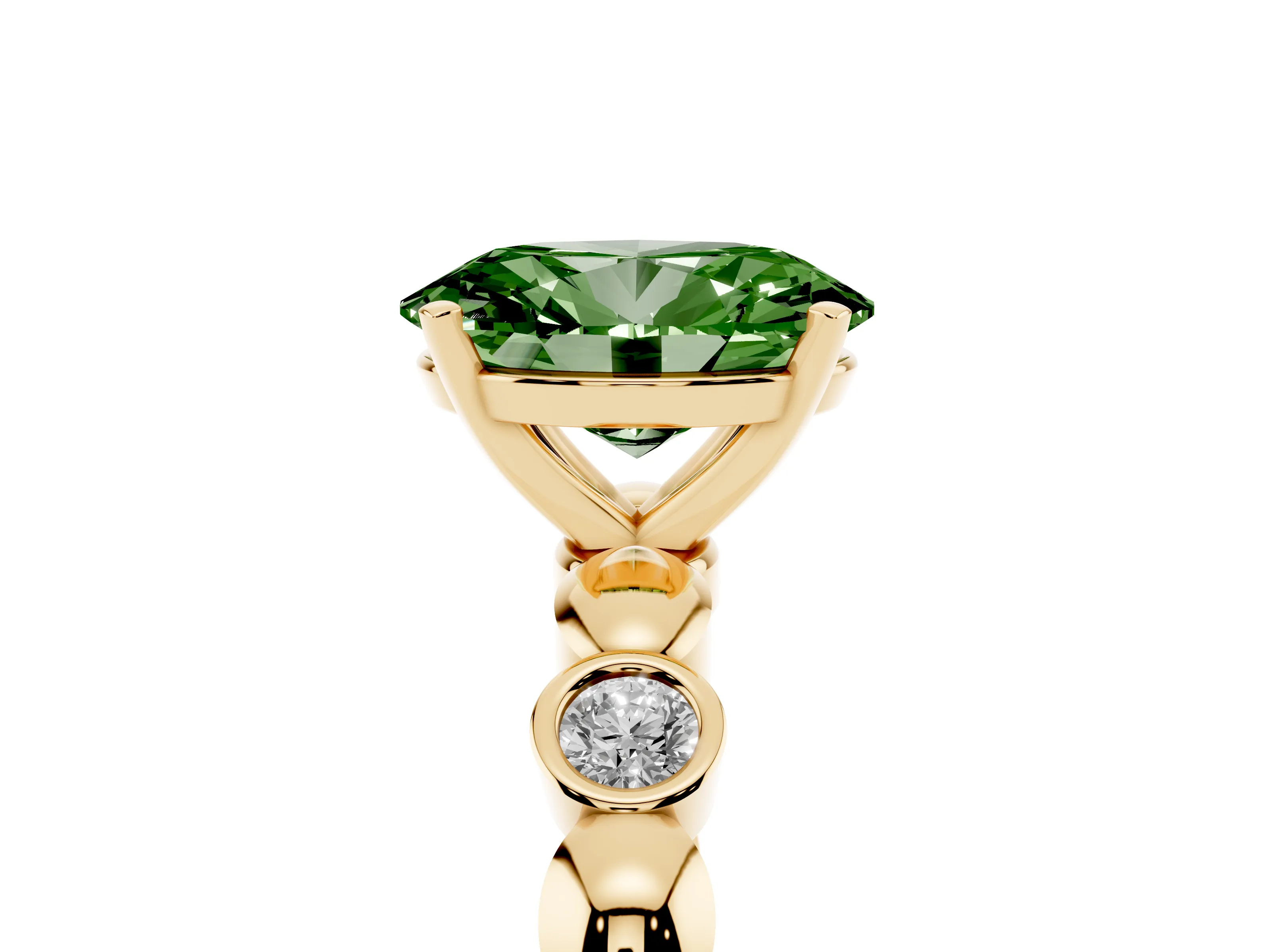 Fancy Green Oval Cut Diamond Solitaire Ring Set in Yellow gold with Bezel-Set Accents on Beaded Band and Prong Setting