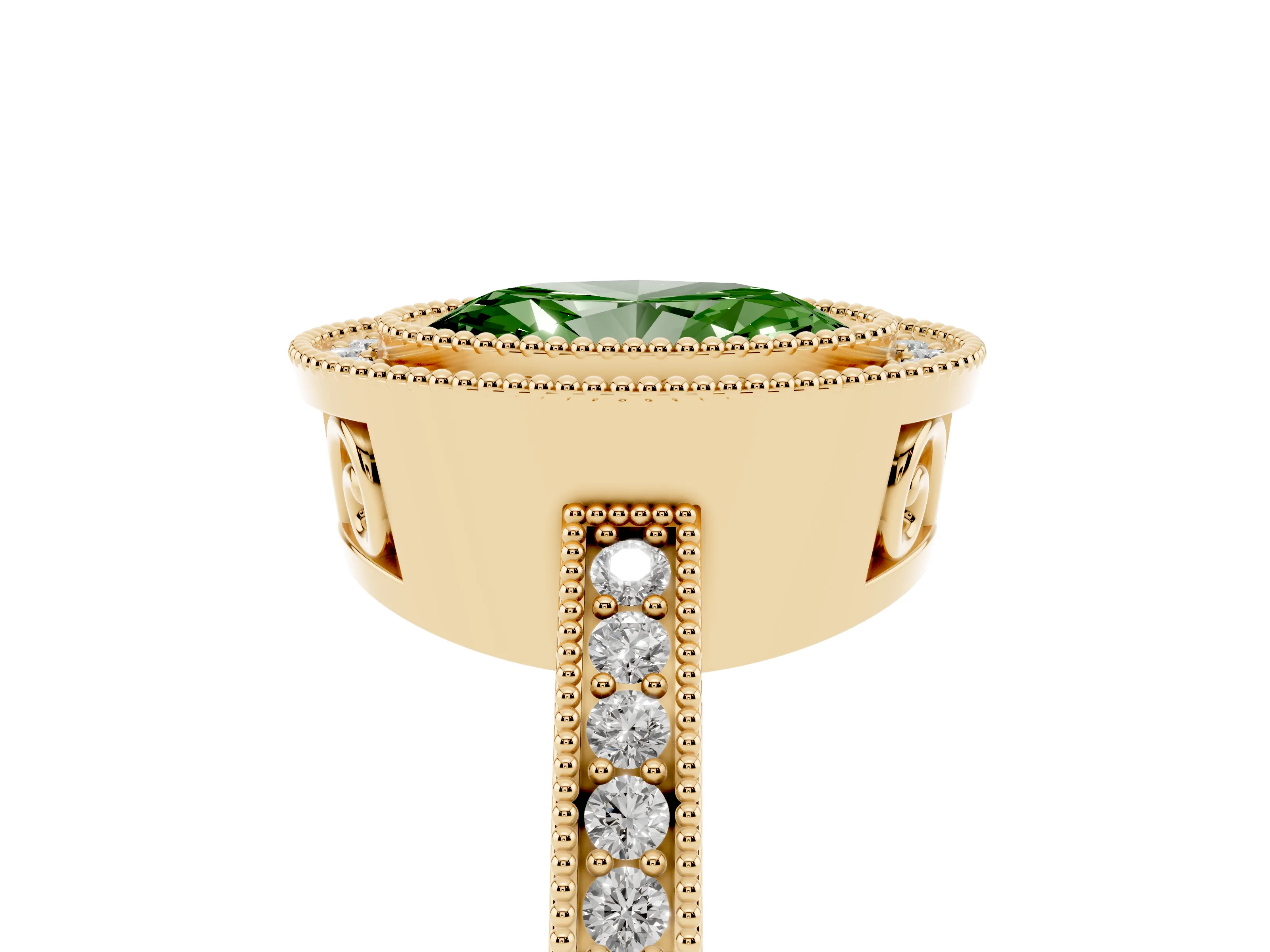 Fancy Green Oval Cut Diamond Round Halo Ring Set in Yellow gold with Pavé Band
