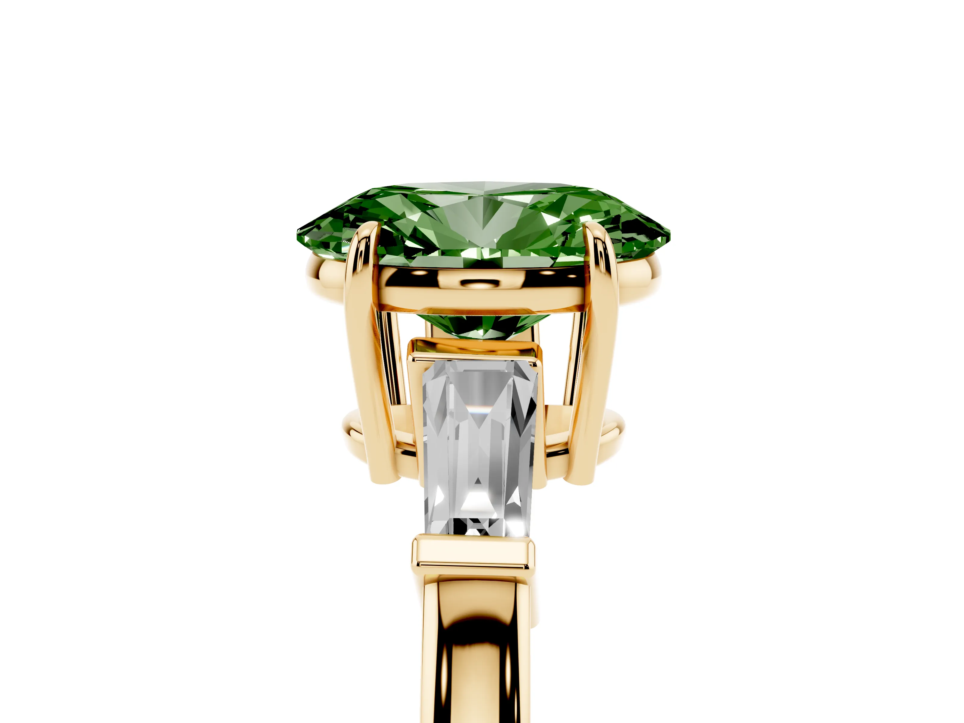 Fancy Green Oval Cut Diamond Three-Stone Ring Set in Yellow gold with Tapered Baguette Side Stones and Prong Setting