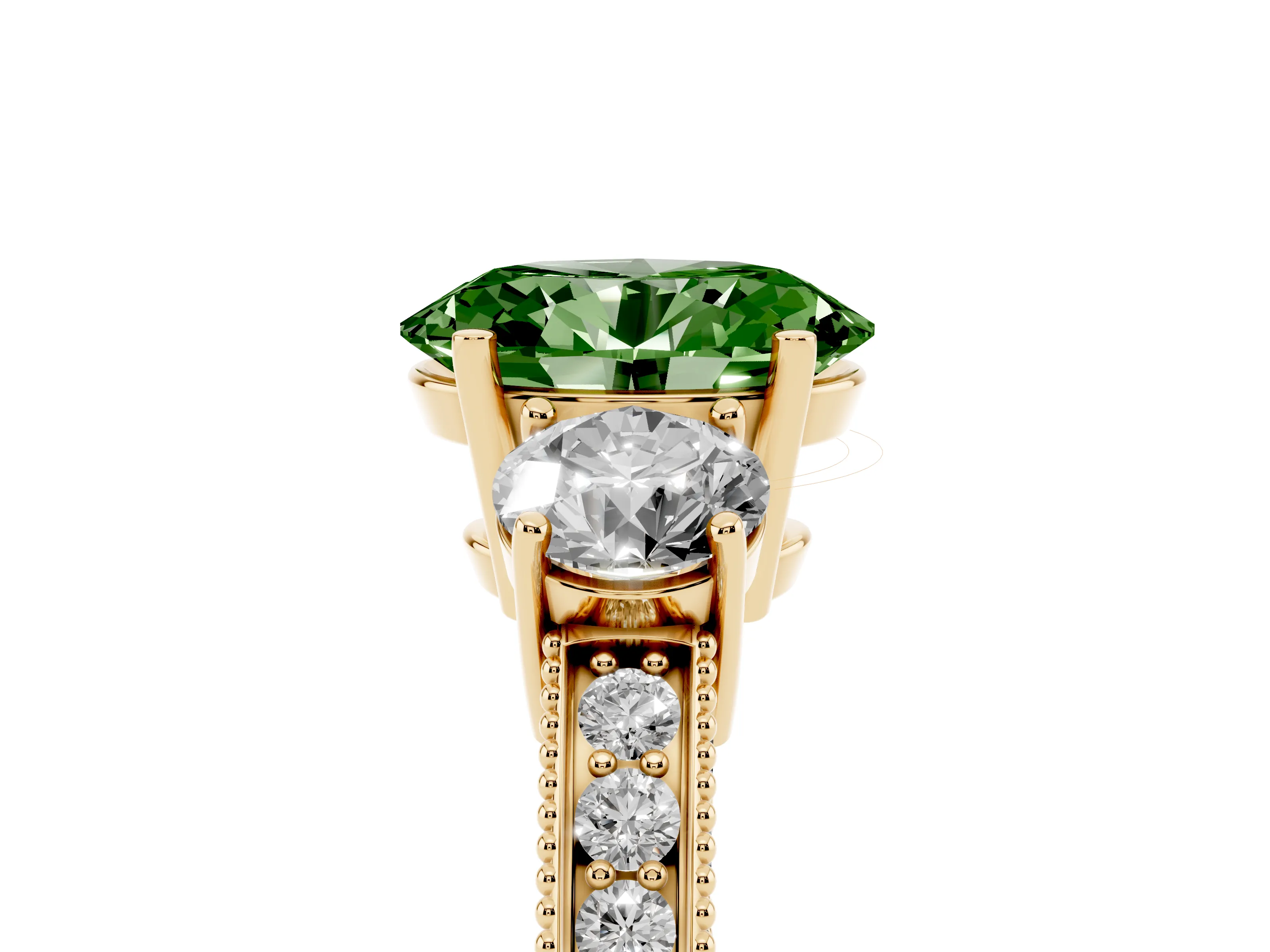 Fancy Green Oval Cut Diamond Three-Stone Ring Set in Yellow gold with Round Side Stones and Pavé Band