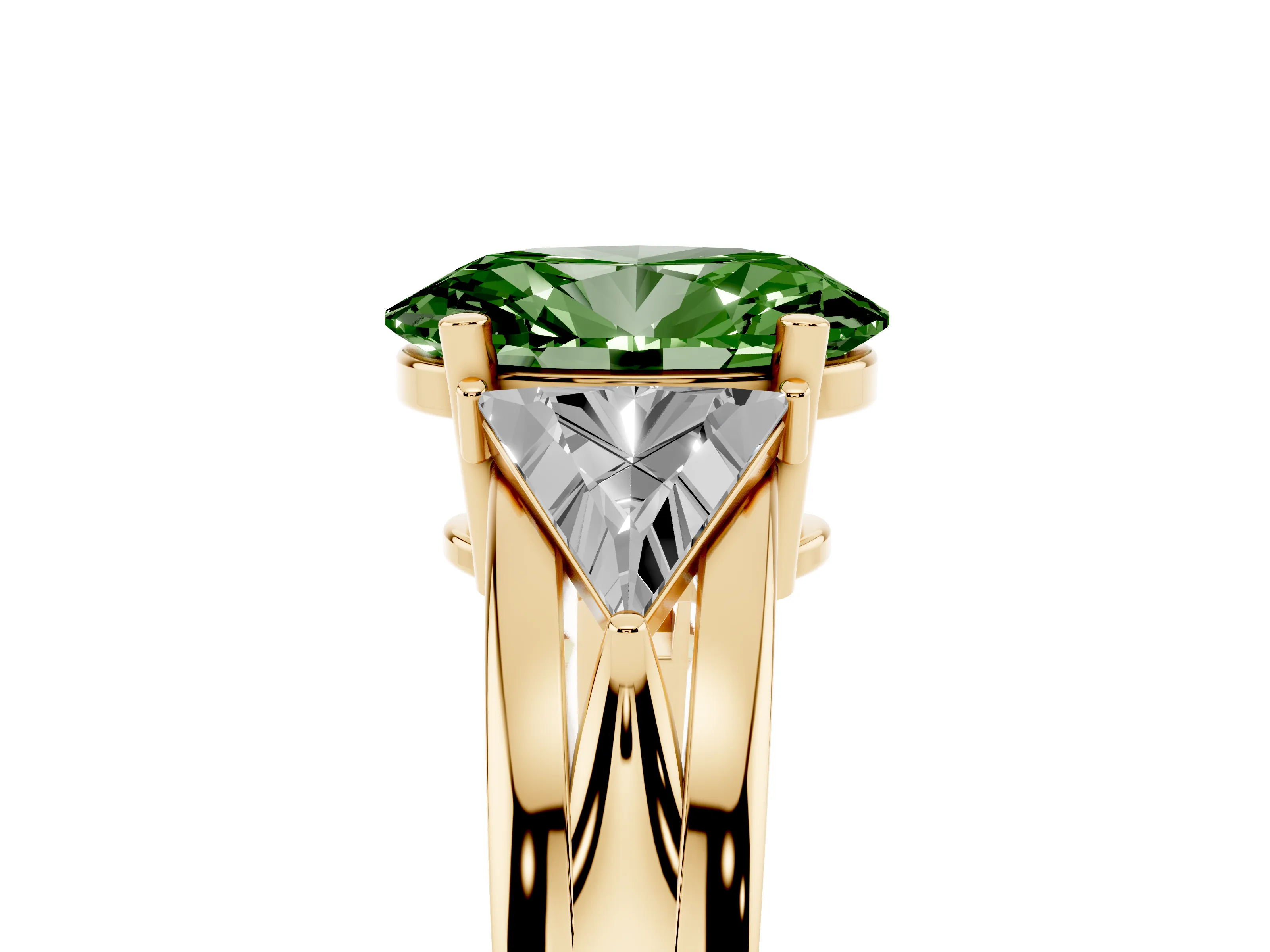 Fancy Green Oval Cut Diamond Three-Stone Ring Set in Yellow gold with Trillion Side Stones and Split Shank