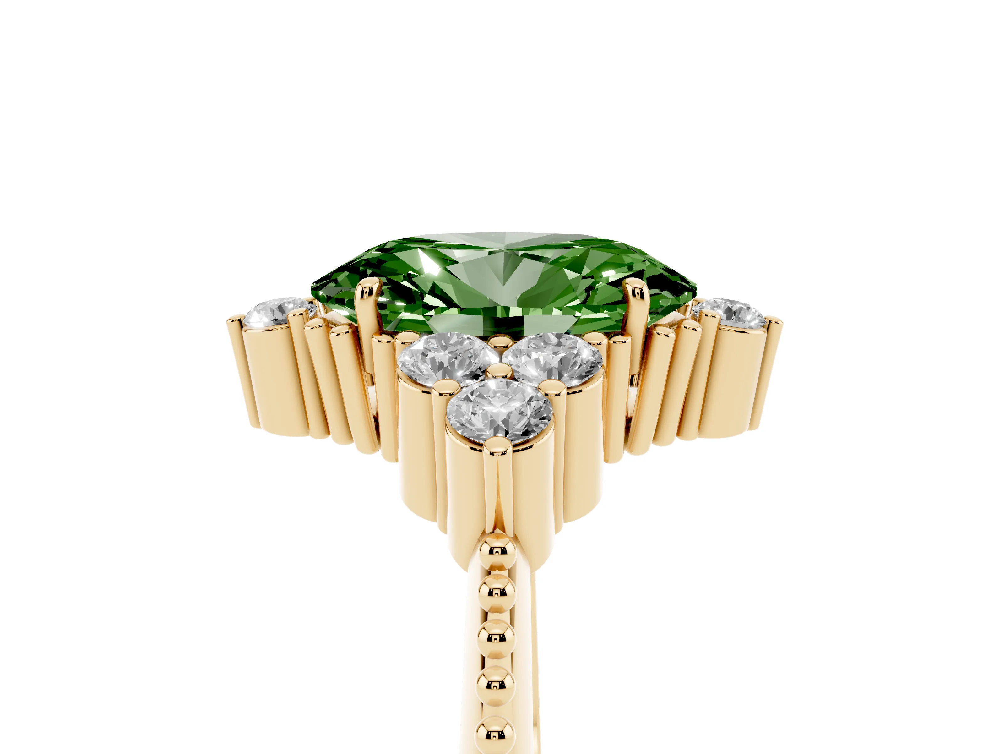 Fancy Green Oval Cut Diamond Cluster Ring Set in Yellow gold with Beaded Band