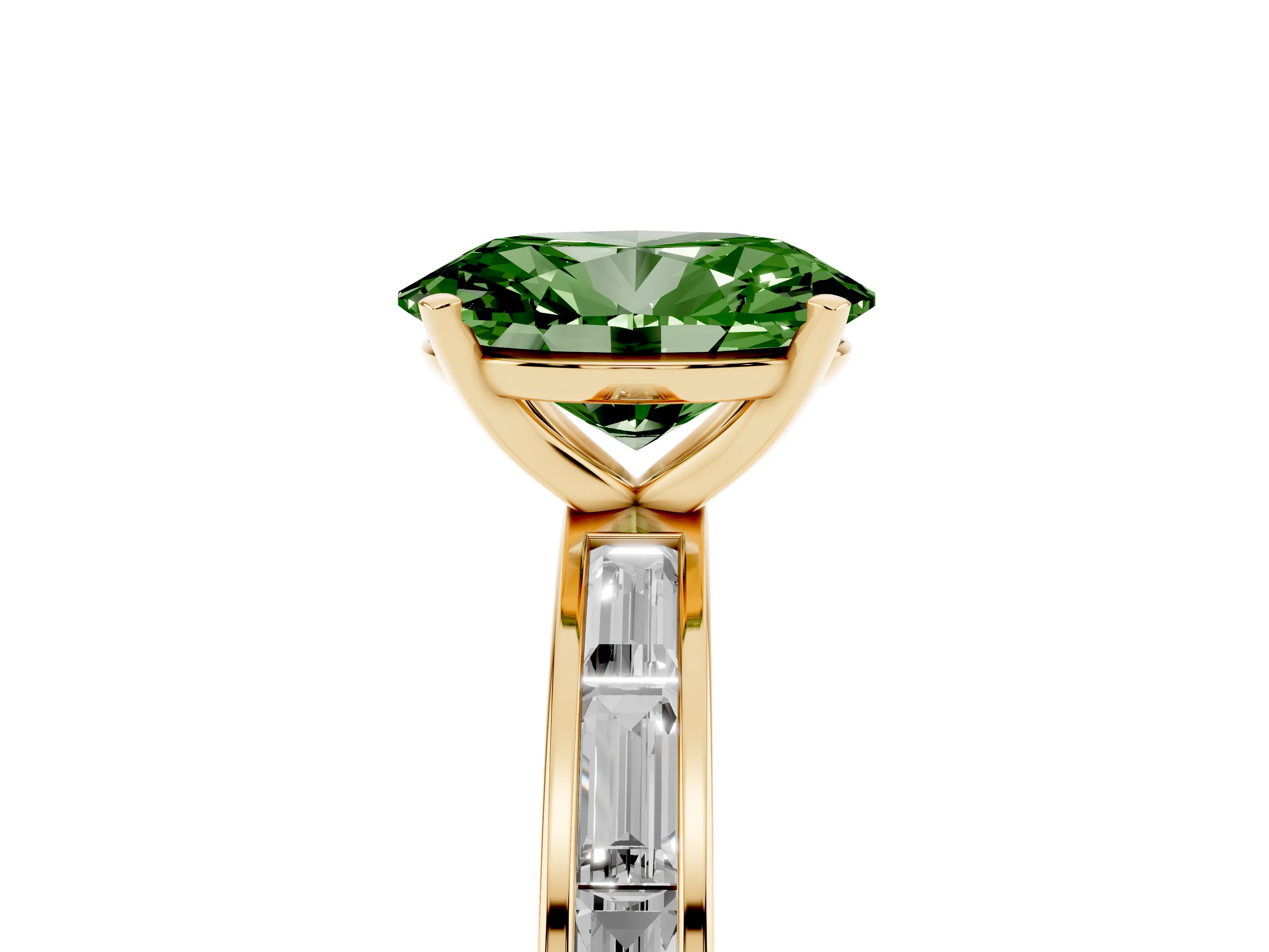 Fancy Green Oval Cut Diamond Solitaire Ring Set in Yellow gold with Channel-Set Baguette Band and Prong Setting