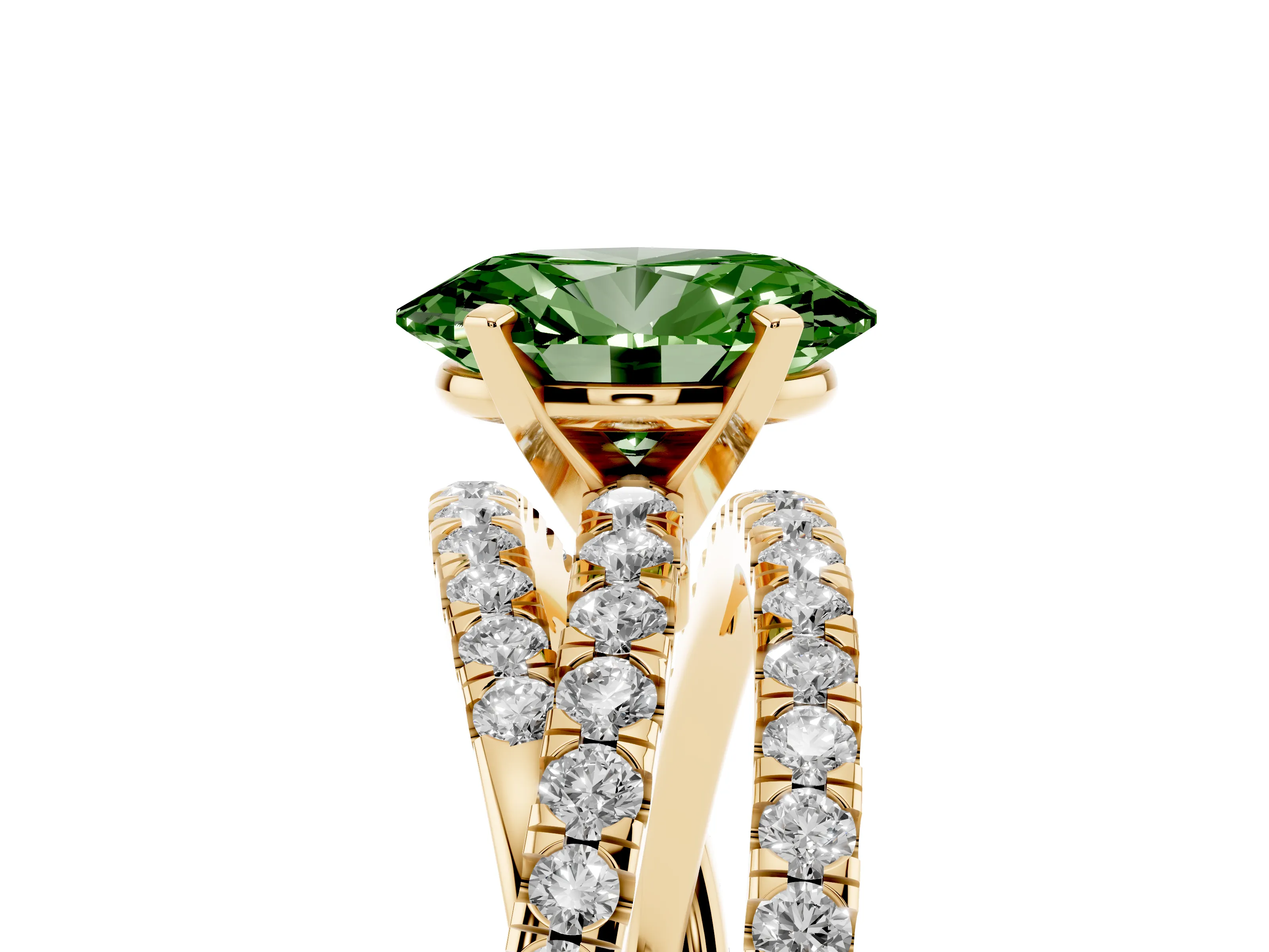 Fancy Green Oval Cut Diamond Solitaire Twist Band Ring Set in Yellow gold with Pavé Setting and Prong Head