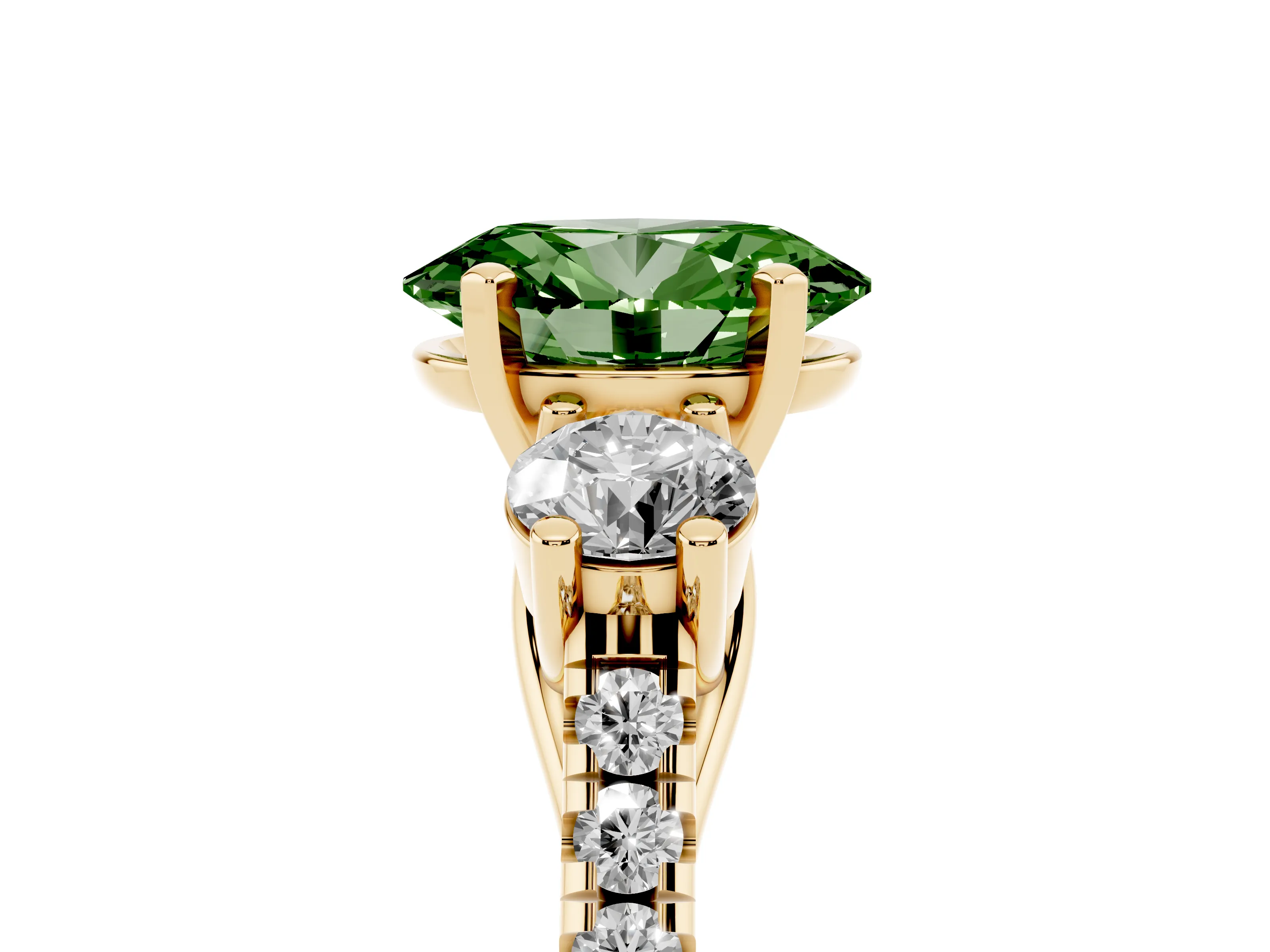 Fancy Green Three-Stone Oval Cut Diamond Pavé Band Ring Set in Yellow gold with Prong-Set Trio