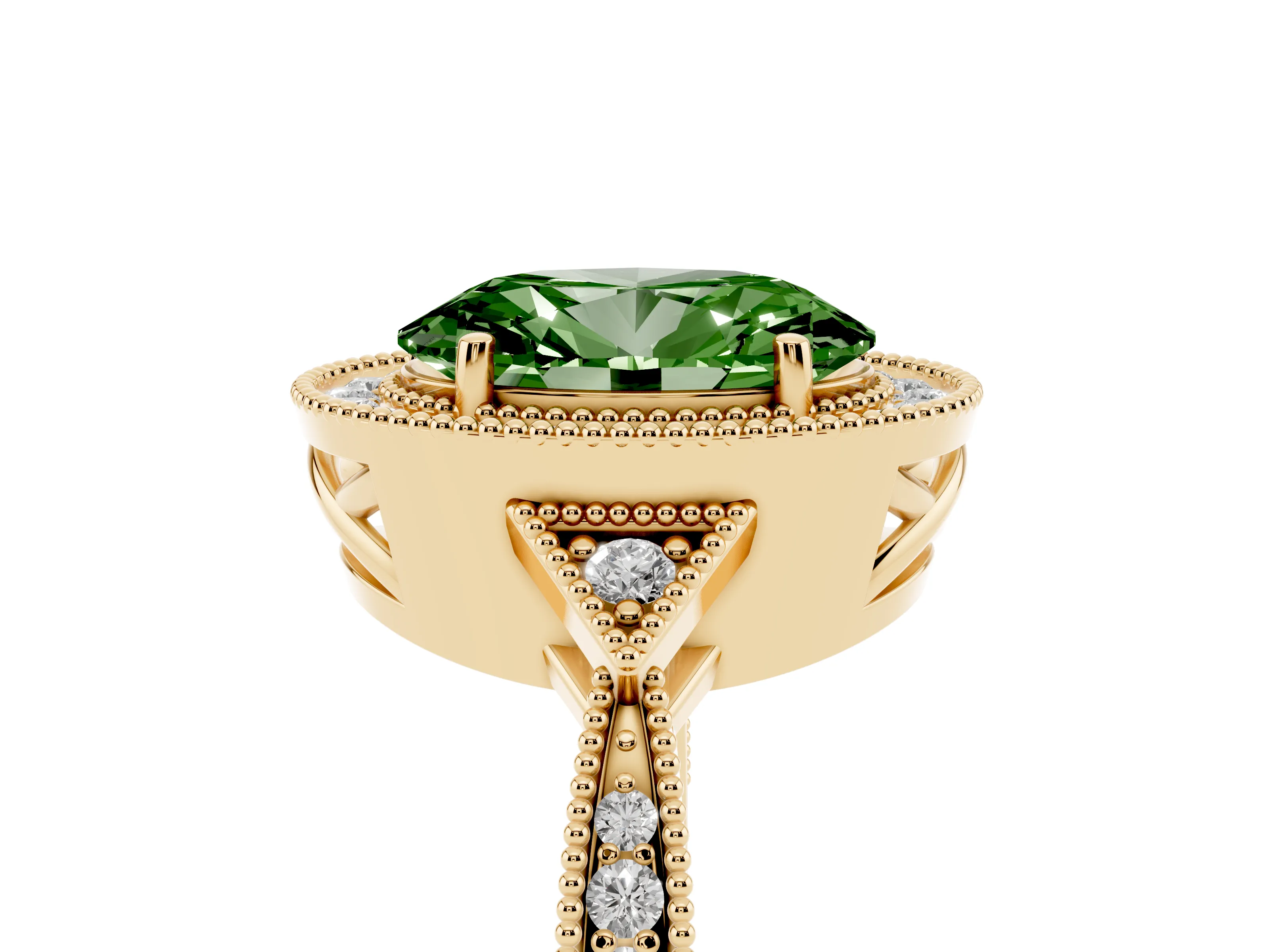 Fancy Green Oval Cut Diamond Halo Engagement Ring Set in Yellow gold with Milgrain Pavé Band