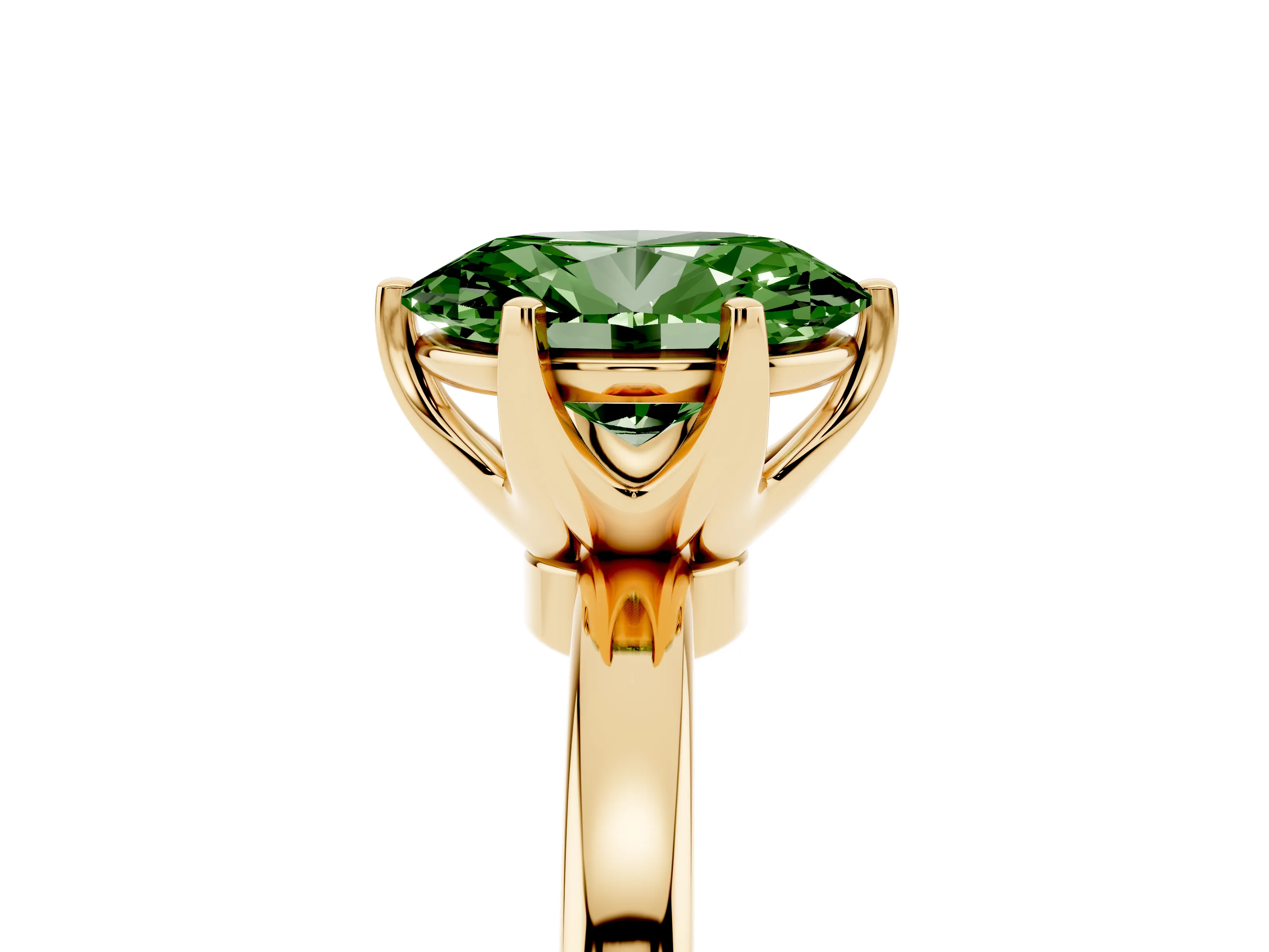 Fancy Green Oval Cut Diamond Solitaire Ring Set in Yellow gold with Raised Prong Setting on a Classic Band