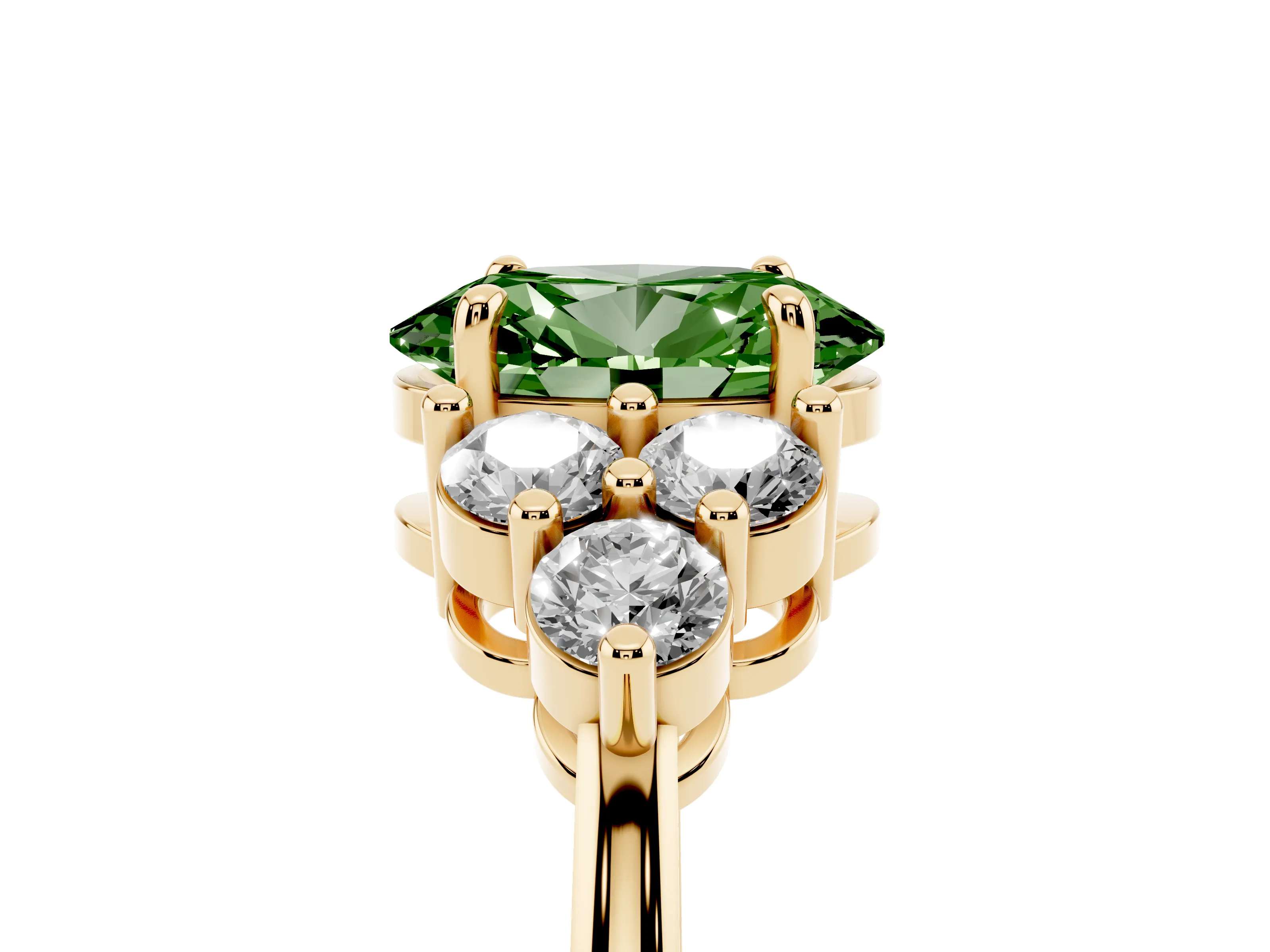 Fancy Green Oval Cut Diamond Solitaire Ring Set in Yellow gold with Cluster Accents on Each Side