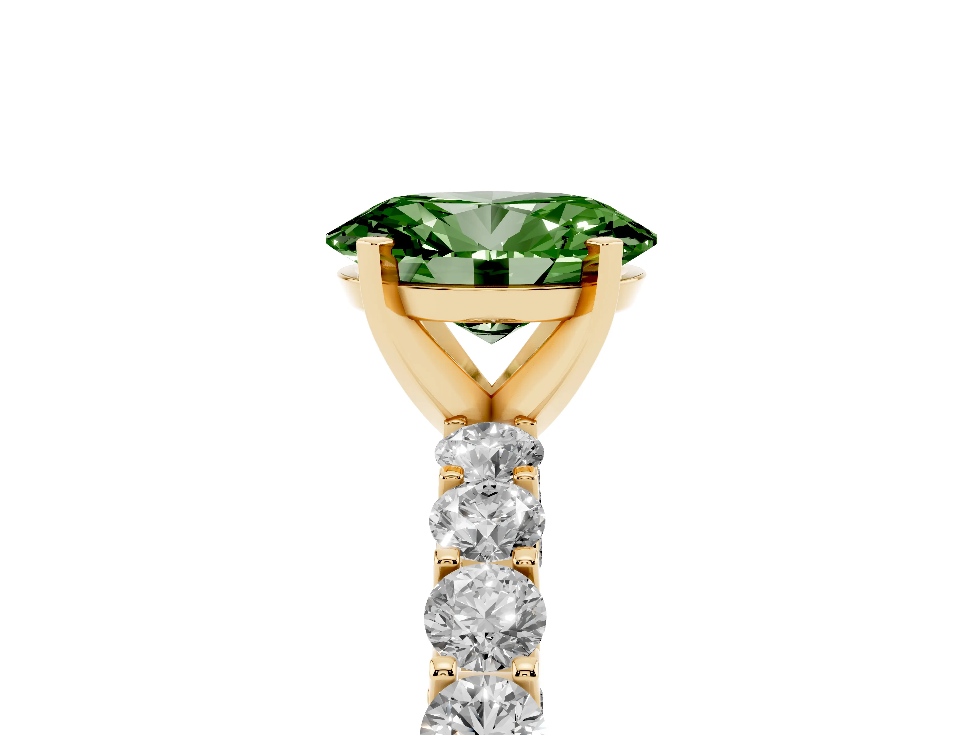 Fancy Green Oval Cut Diamond Solitaire Ring Set in Yellow gold with Shared Prong Pavé Band