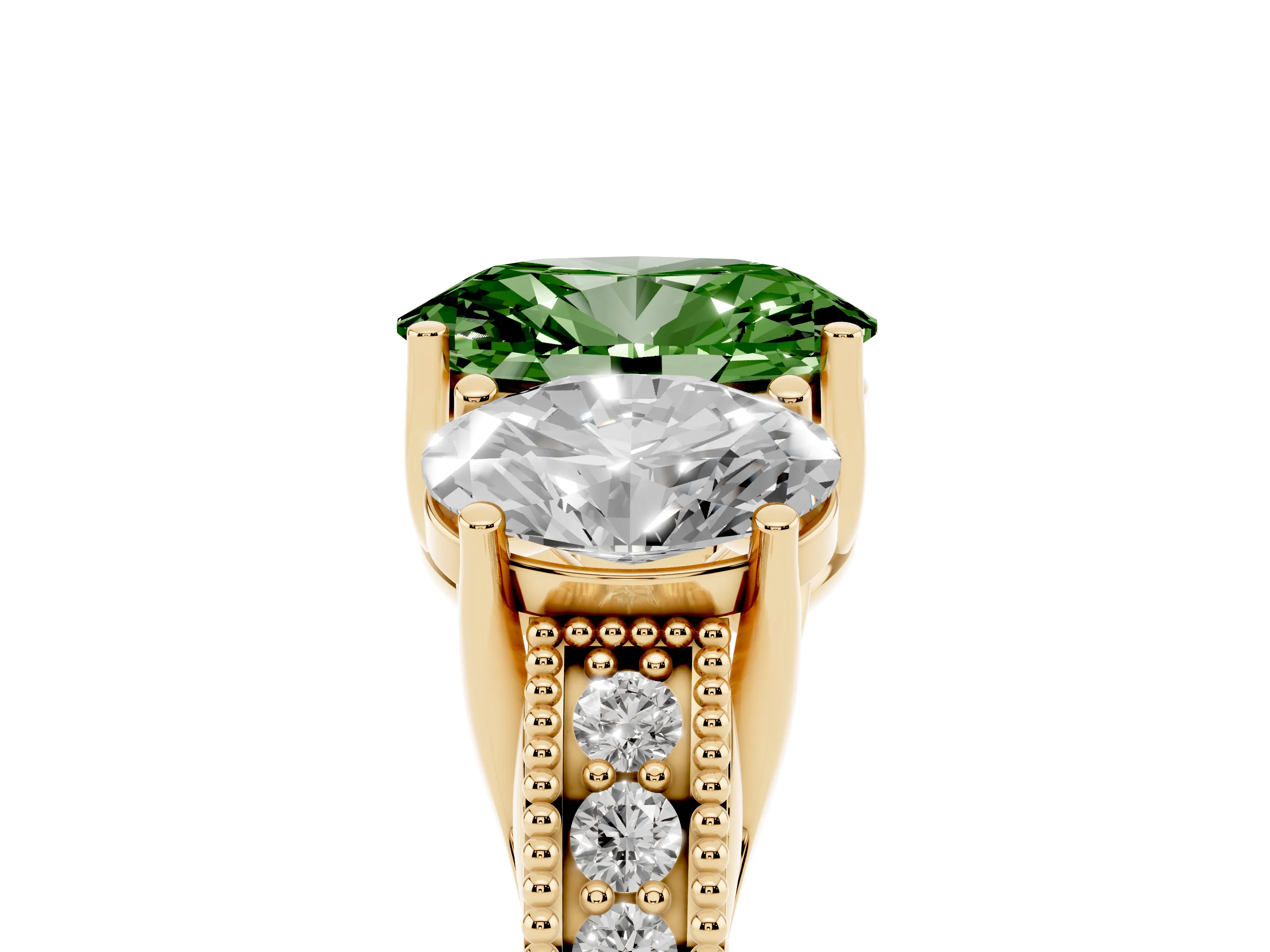 Fancy Green Oval Cut Diamond Three-Stone Engagement Ring Set in Yellow gold with Milgrain Pavé Band
