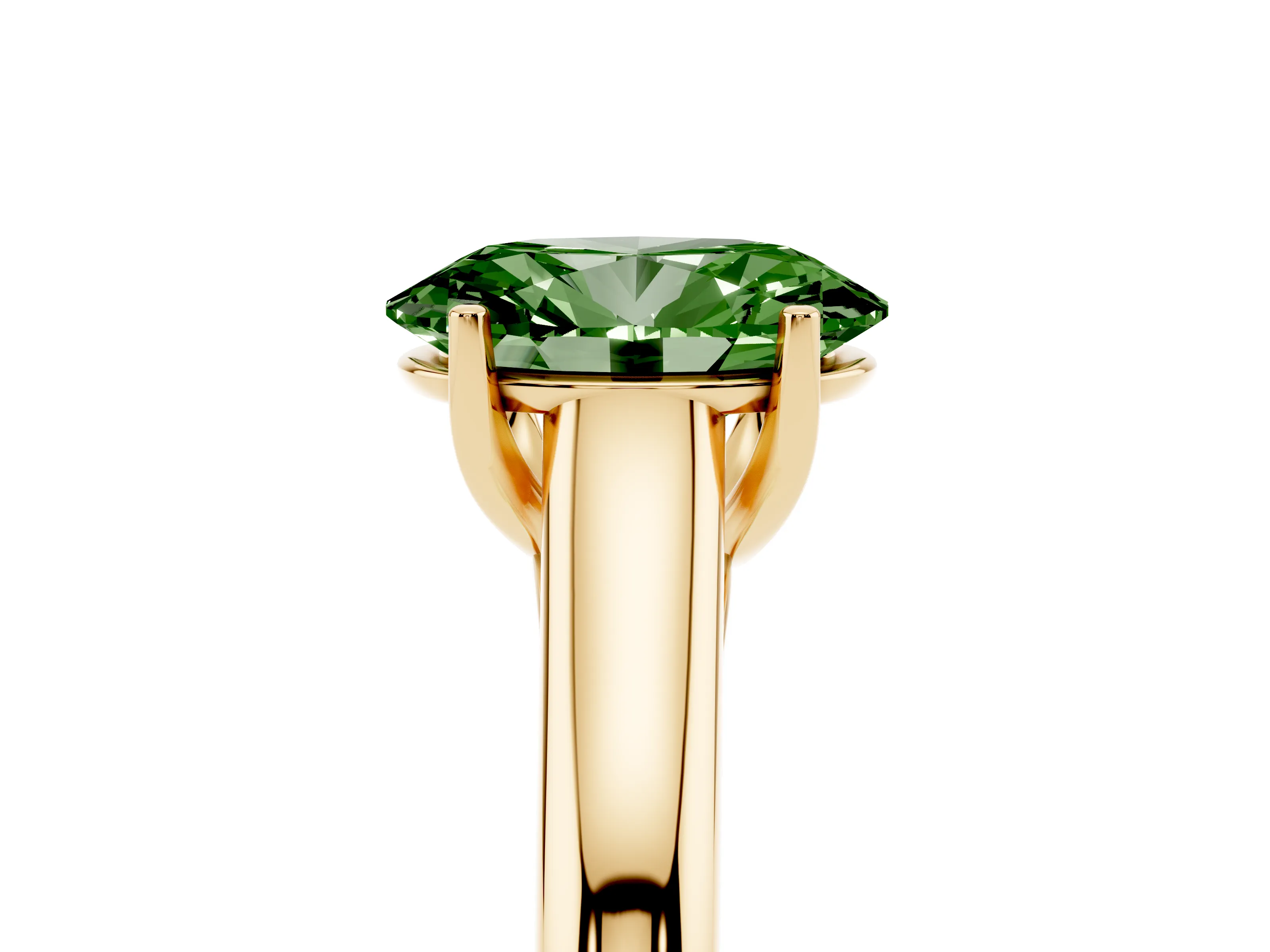 Fancy Green Oval Cut Diamond Solitaire Engagement Ring Set in Yellow gold with Subtly Tapered Band and Prong Setting
