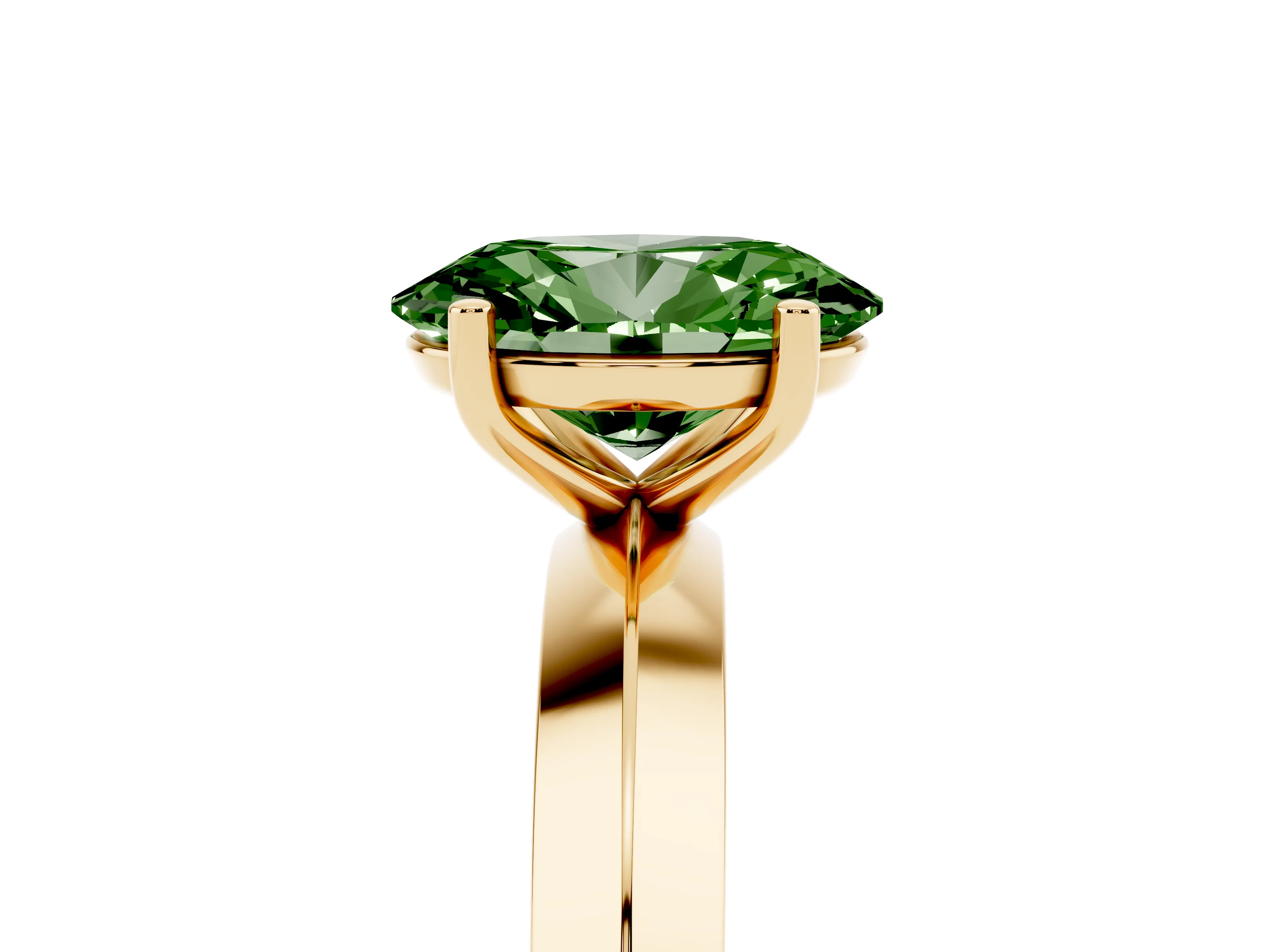 Fancy Green Oval Cut Diamond Solitaire Engagement Ring Set in Yellow gold with Flat Band and Prong Setting