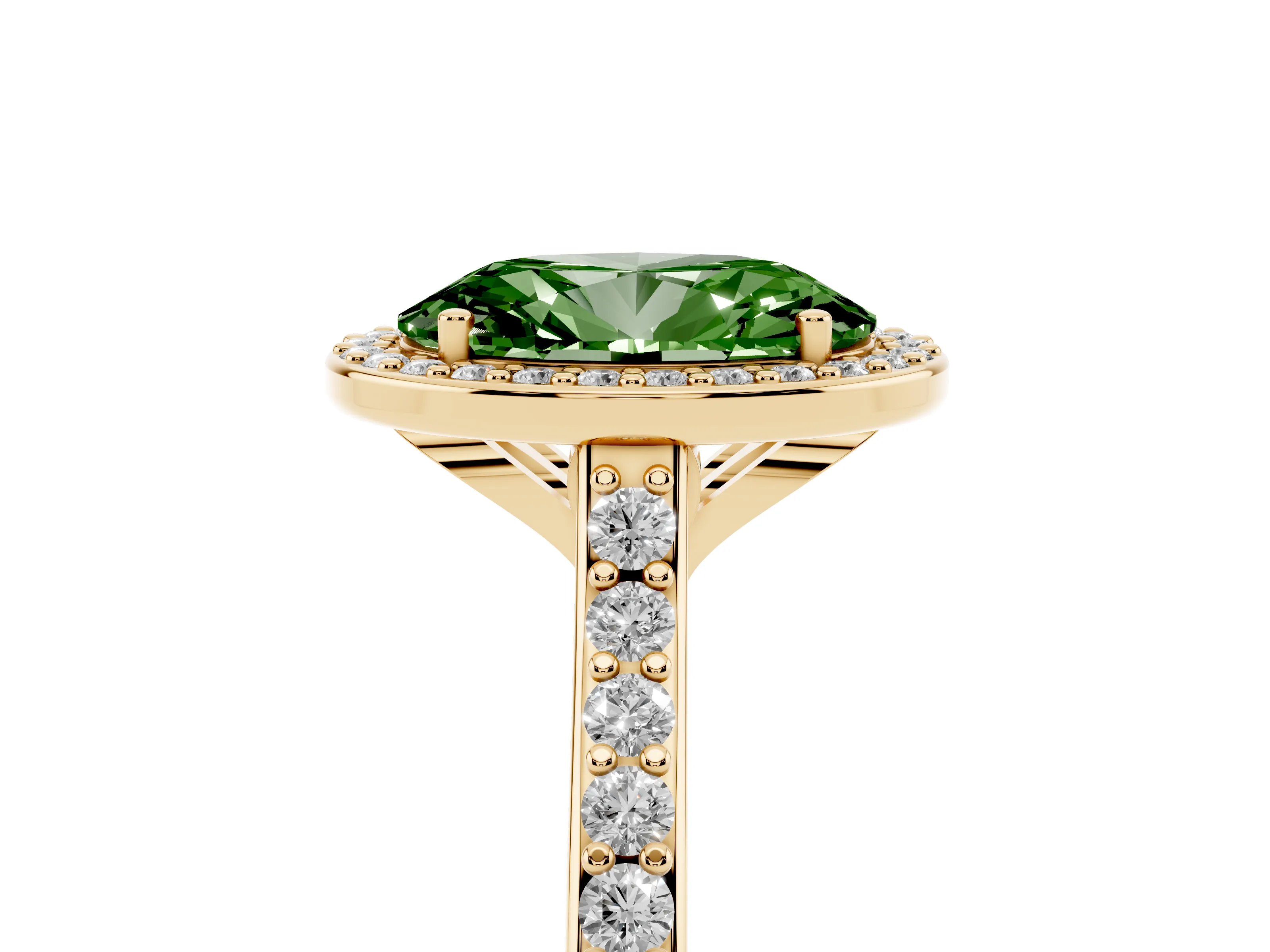Fancy Green Oval Cut Diamond Halo Engagement Ring Set in Yellow gold with Round Pavé Shoulders and Heart Gallery