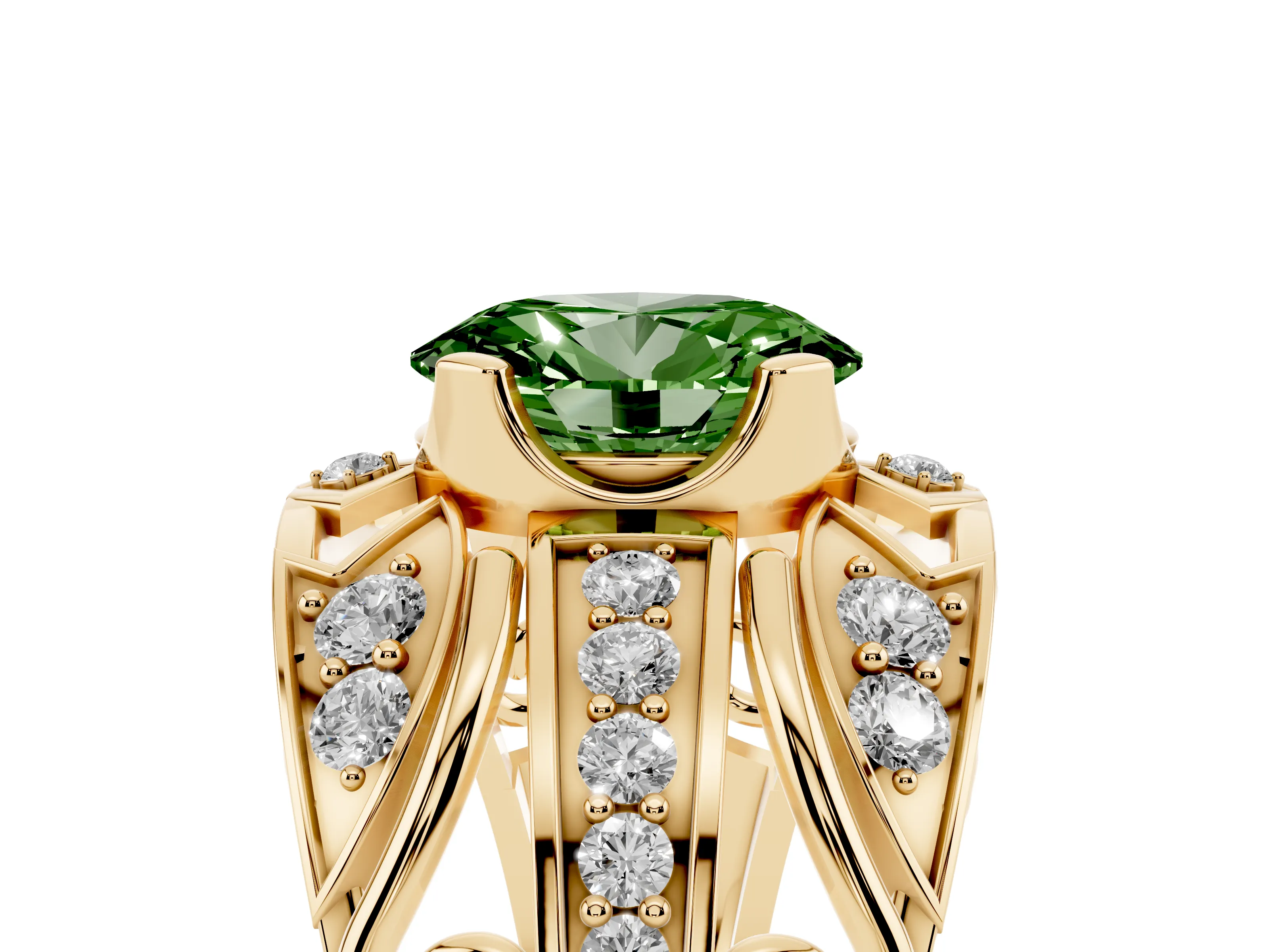 Fancy Green Oval Cut Diamond Art Deco Ring Set in Yellow gold with Pavé Split Shank