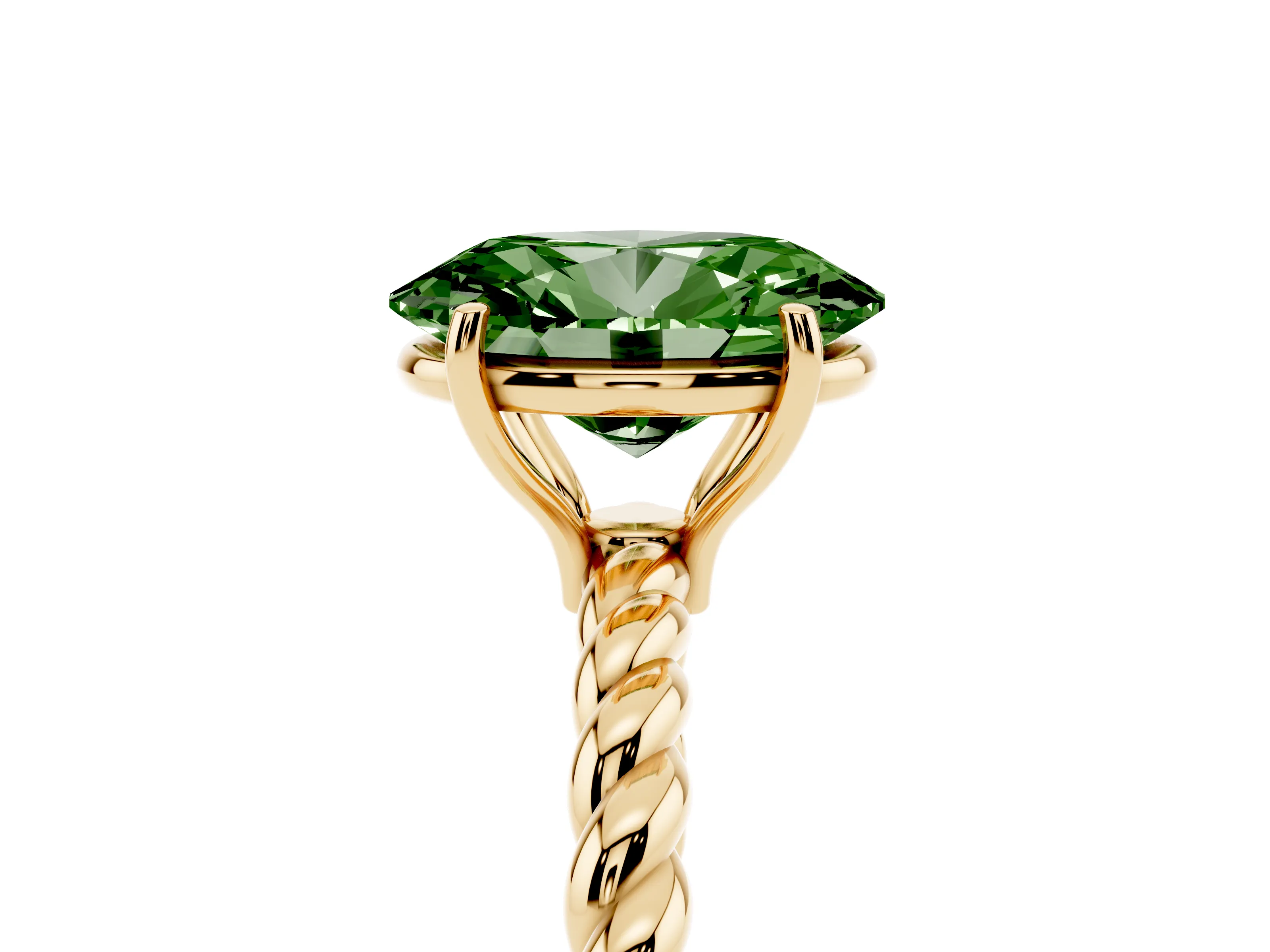 Fancy Green Oval Cut Diamond Solitaire Ring Set in Yellow gold with Twist Band and Prong Setting