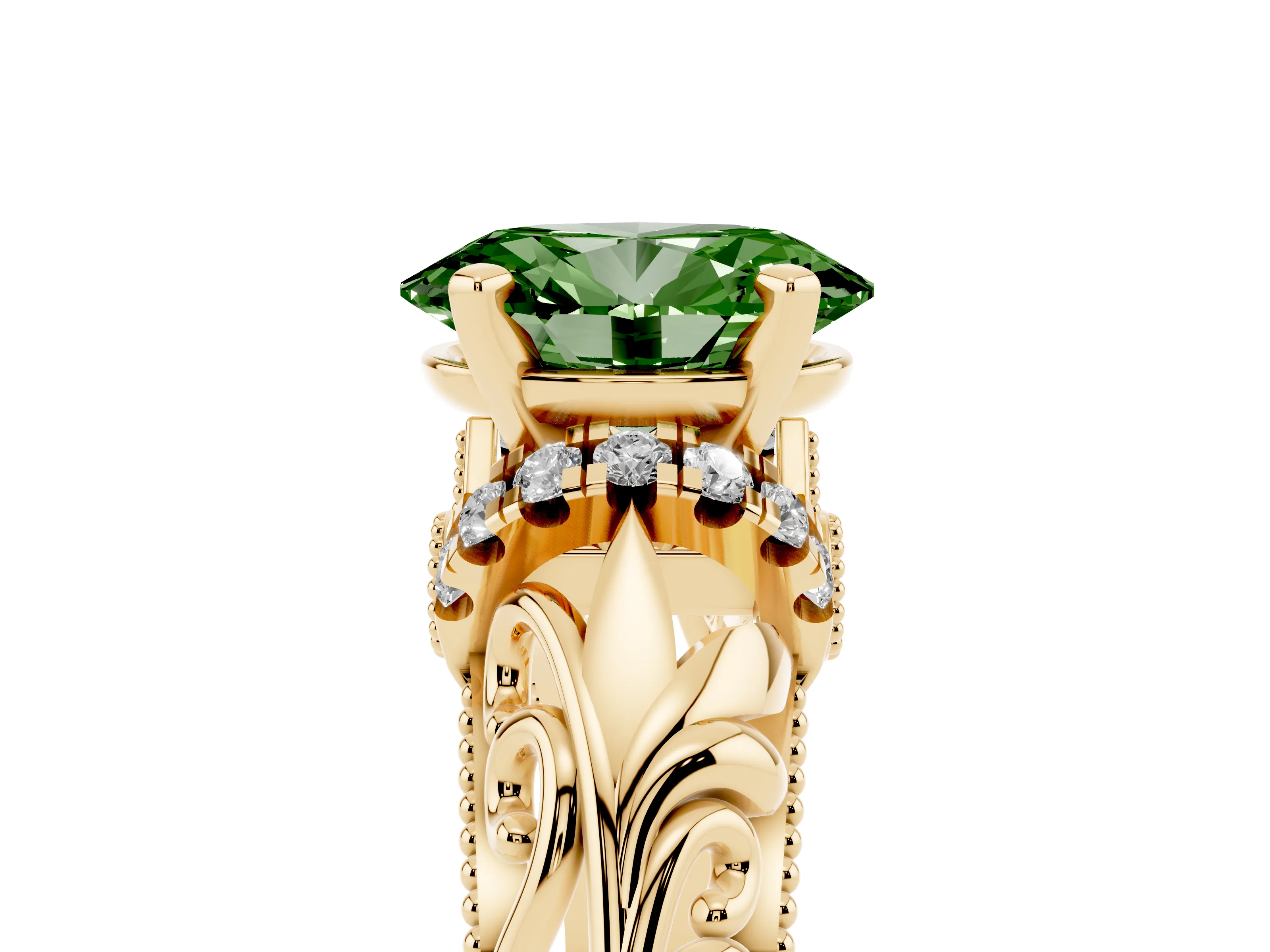 Fancy Green Oval Cut Diamond Filigree Halo Engagement Ring Set in Yellow gold with Prong Setting
