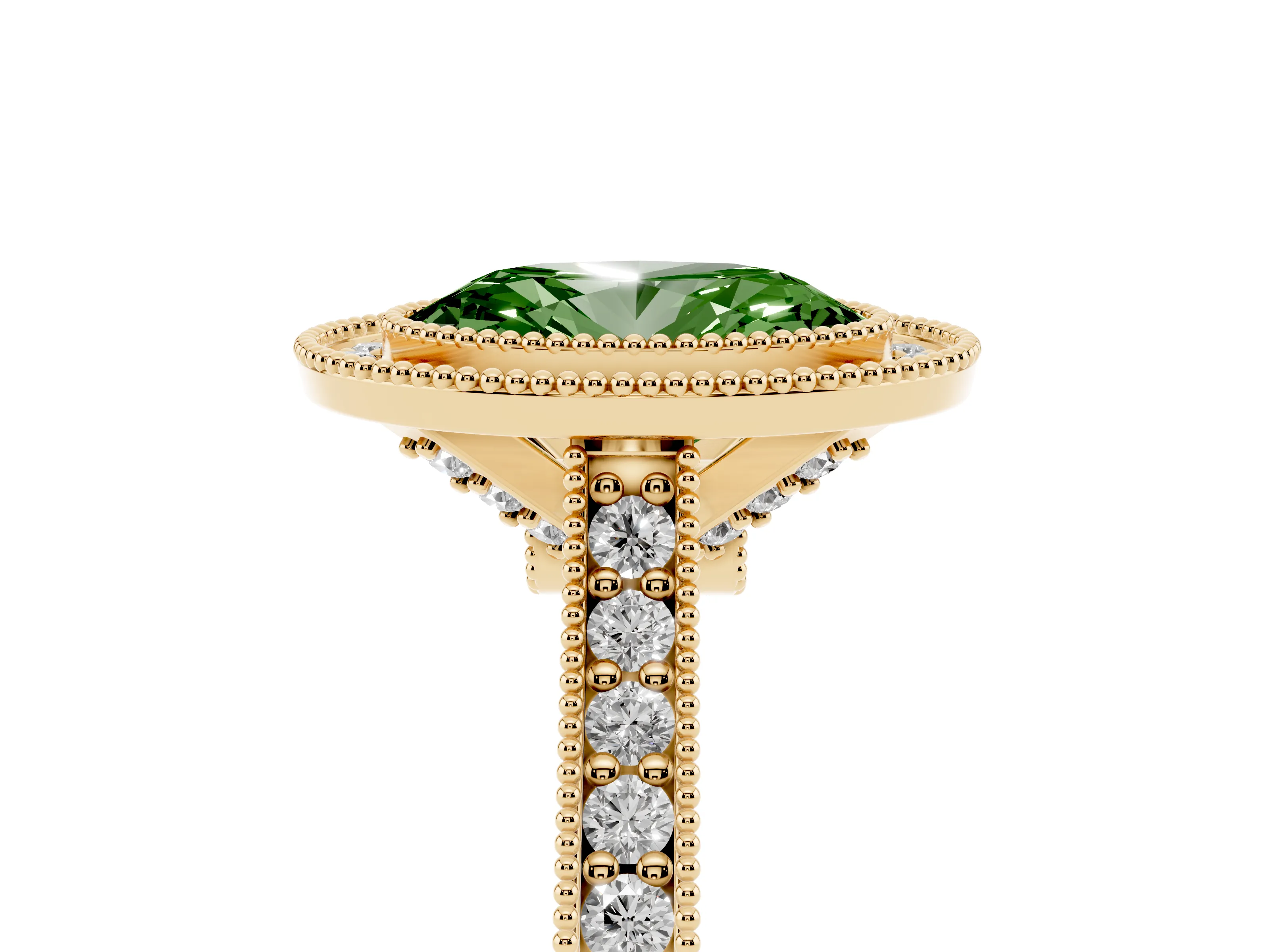 Fancy Green Oval Cut Diamond Halo Milgrain Pavé Band Ring Set in Yellow gold with Prong Setting