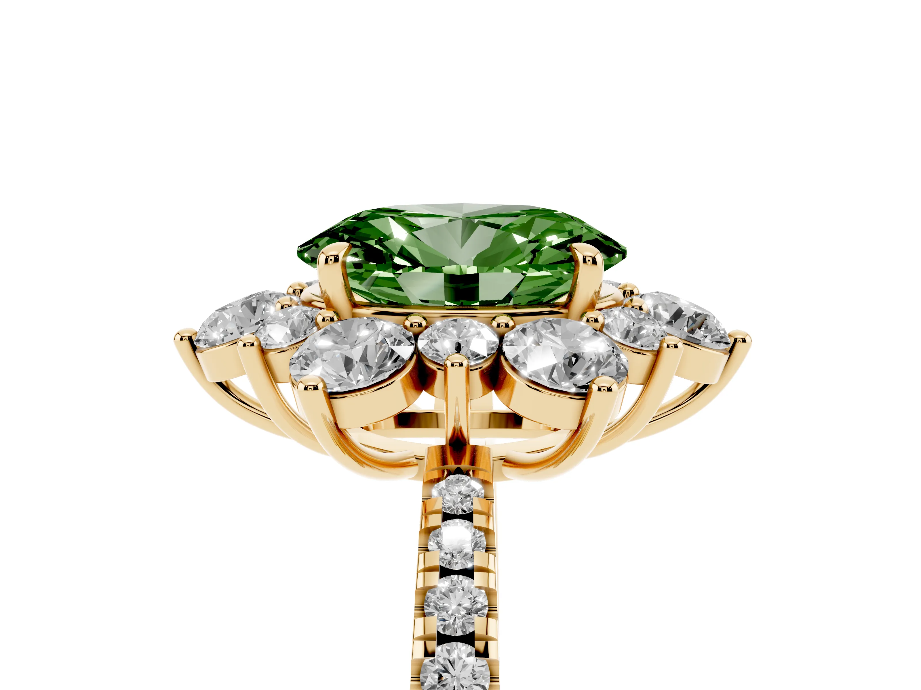 Fancy Green Oval Cut Diamond Floral Halo Ring Set in Yellow gold with Round Pavé Band and Prong Setting