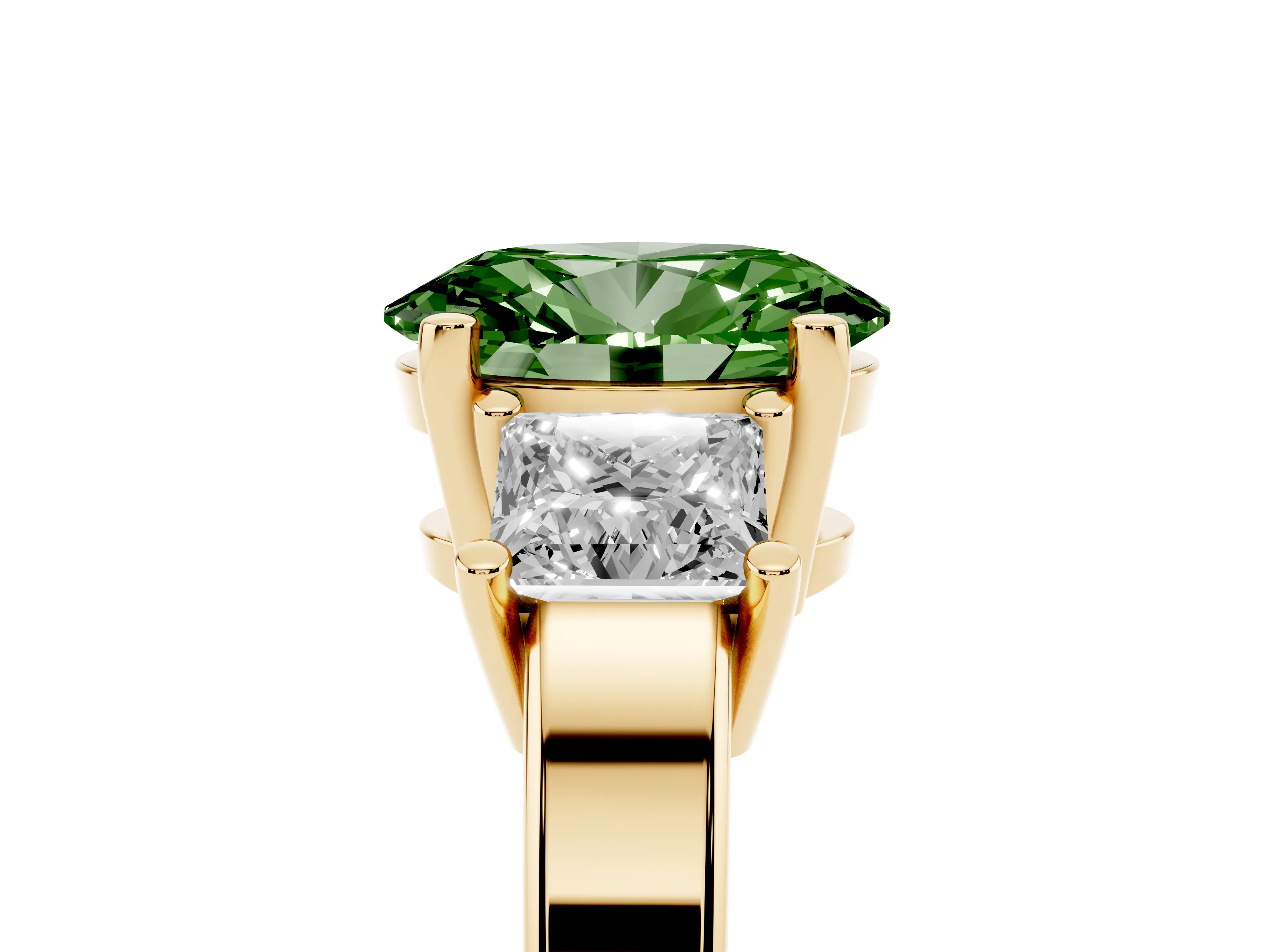 Fancy Green Three-Stone Oval Cut Diamond Solitaire Ring Set in Yellow gold with Prong Setting