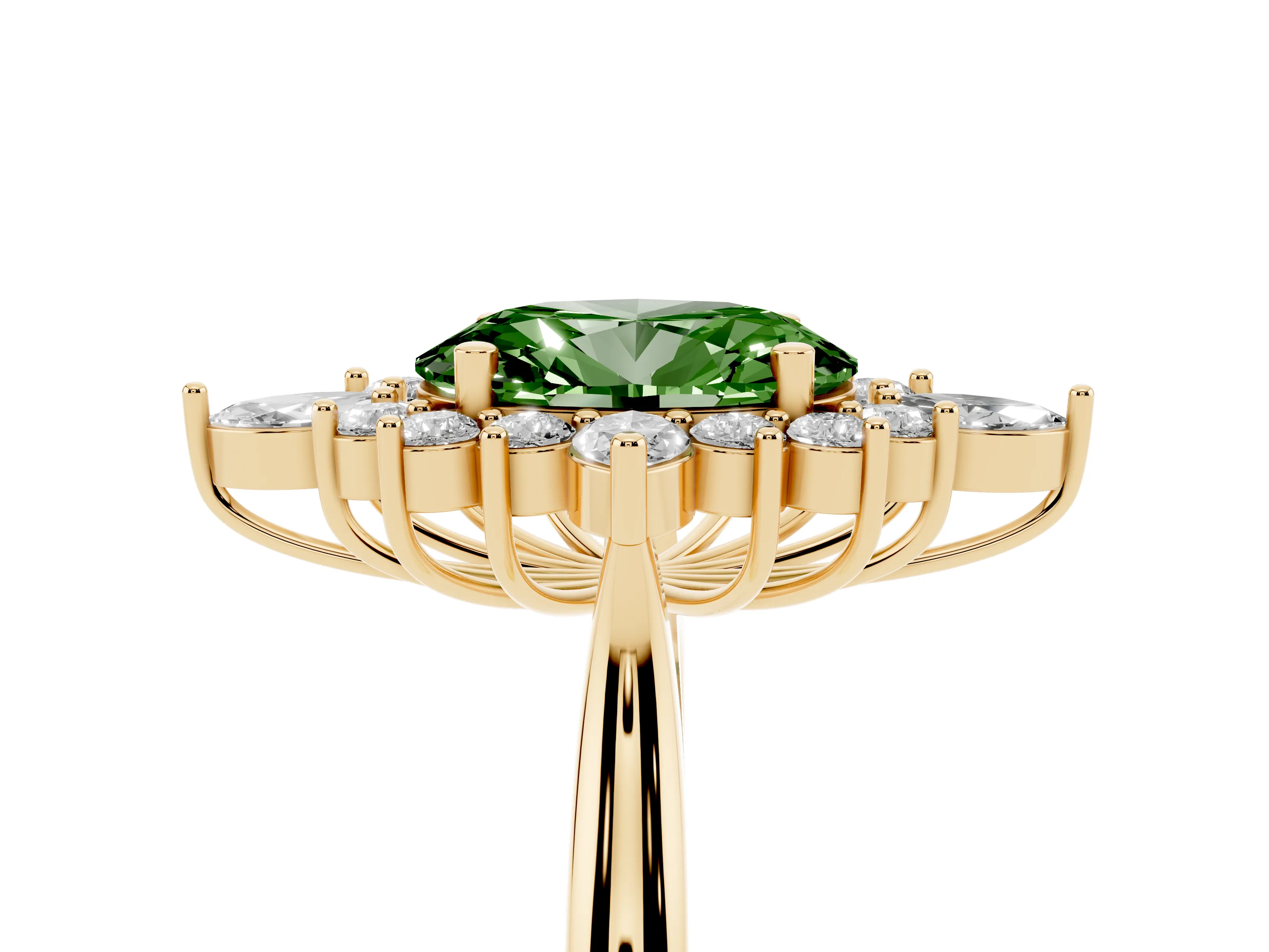Fancy Green Oval Cut Diamond Cluster Halo Ring Set in Yellow gold with Marquise and Round Accents