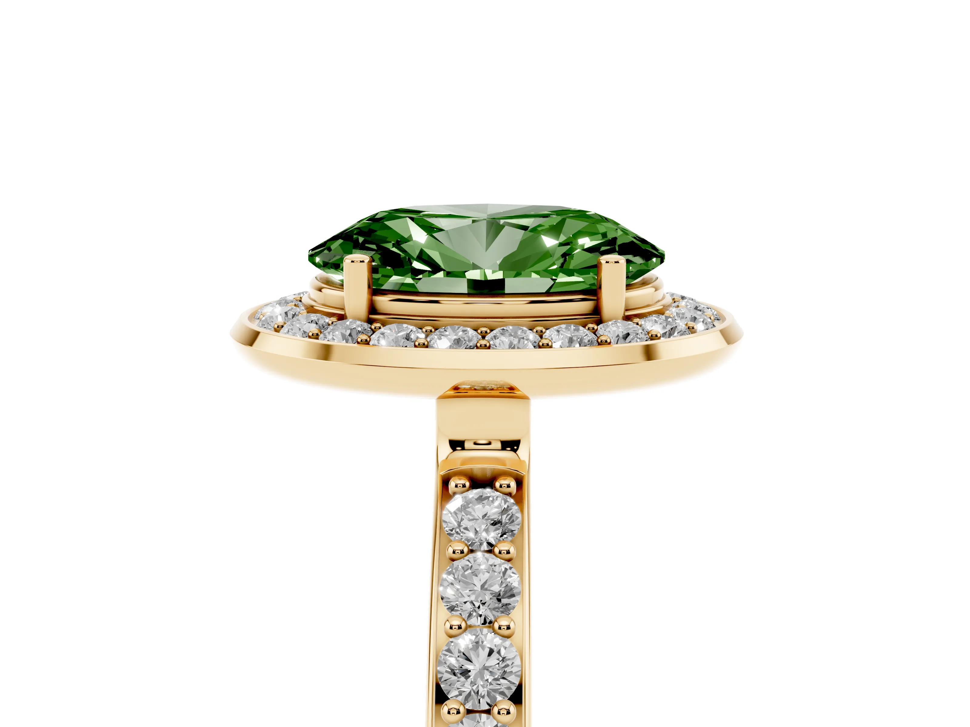 Fancy Green Oval Cut Diamond Halo Ring Set in Yellow gold with Bezel Frame and Pavé Band
