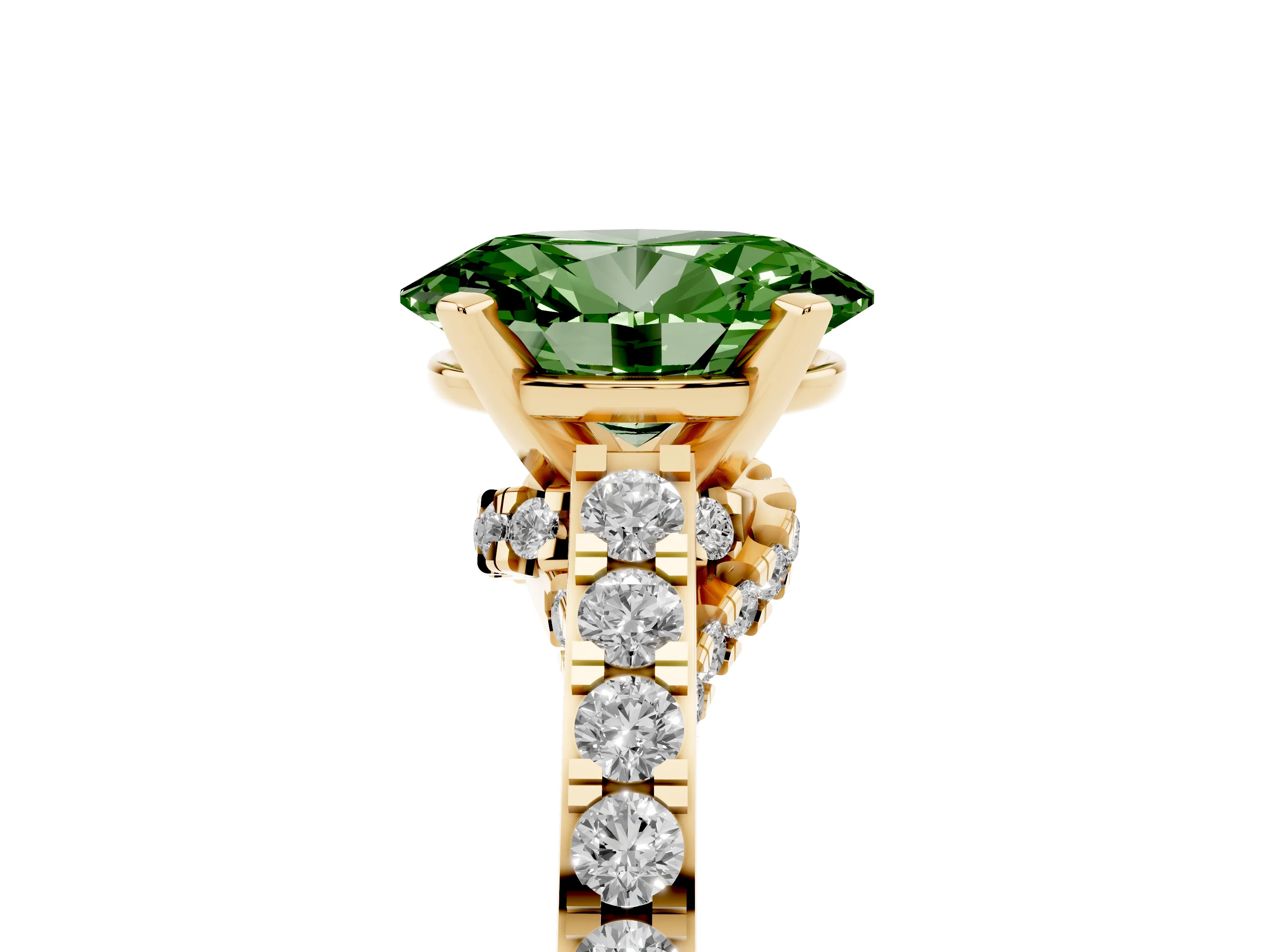 Fancy Green Oval Cut Diamond Solitaire Ring Set in Yellow gold with Crossover Gallery and Round Pavé Band