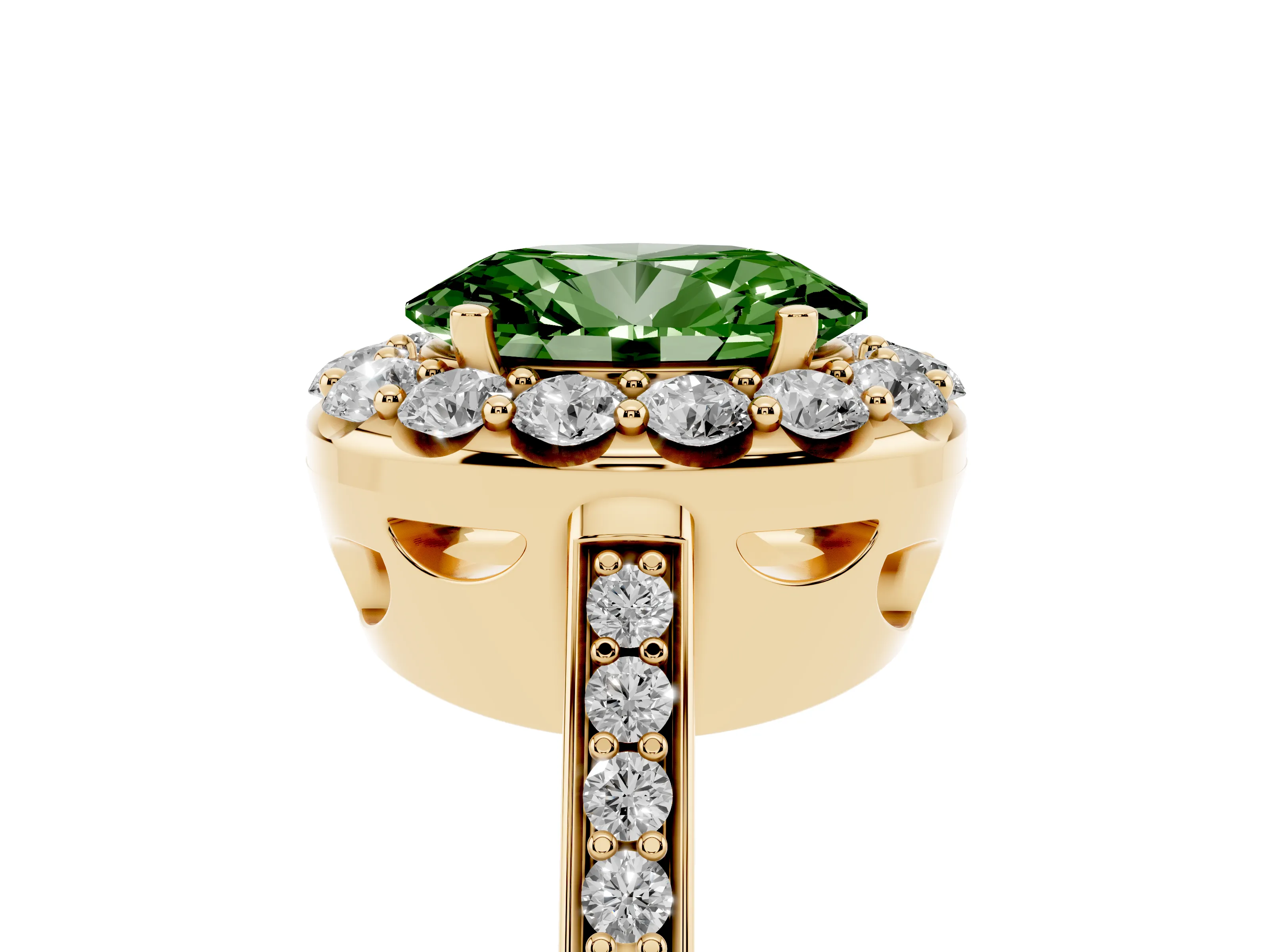 Fancy Green Oval Cut Diamond Floral Halo Ring Set in Yellow gold with Pavé Band and Prong Setting