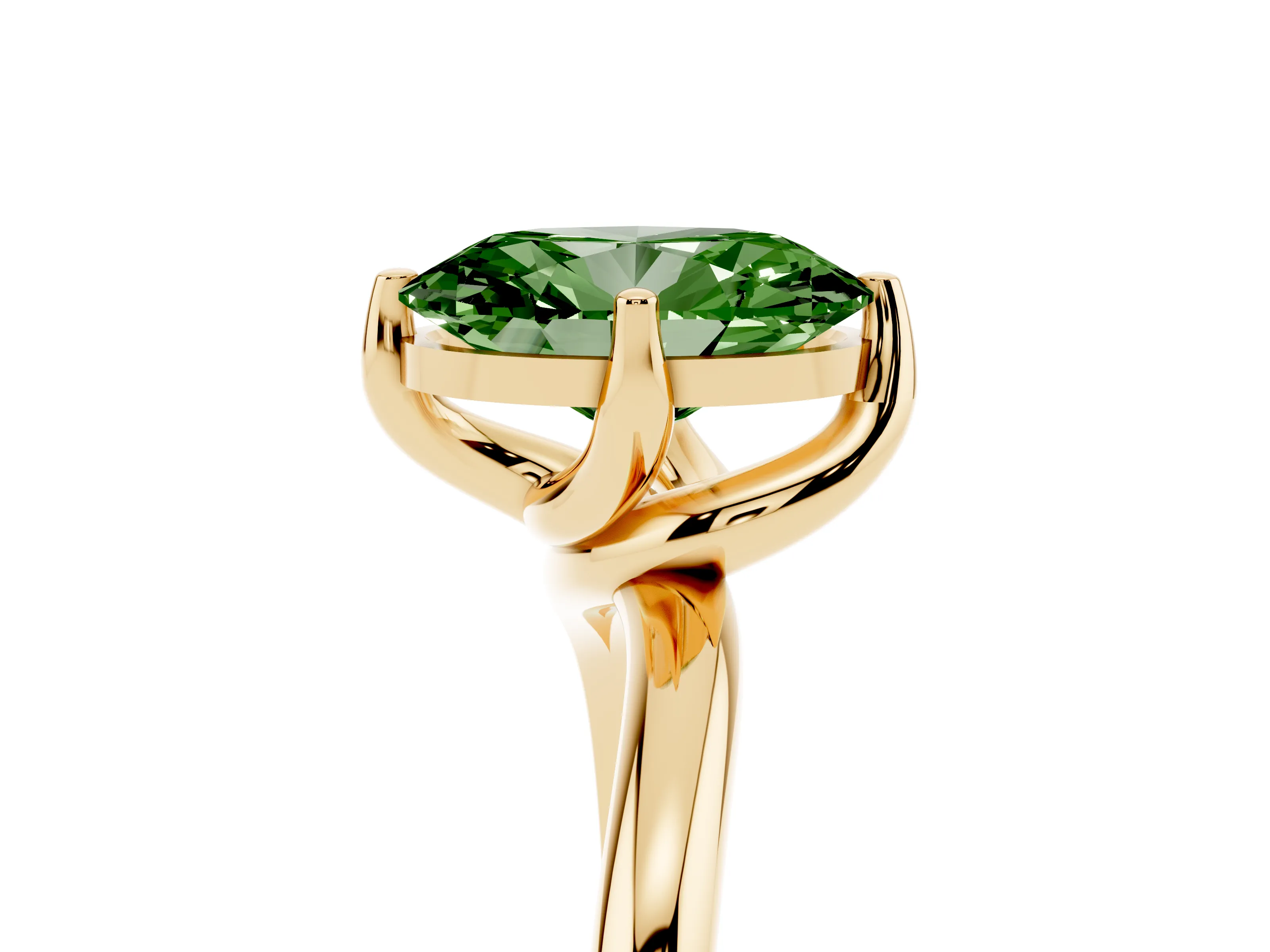 Fancy Green Oval Cut Diamond Solitaire Engagement Ring Set in Yellow gold with Classic Plain Band