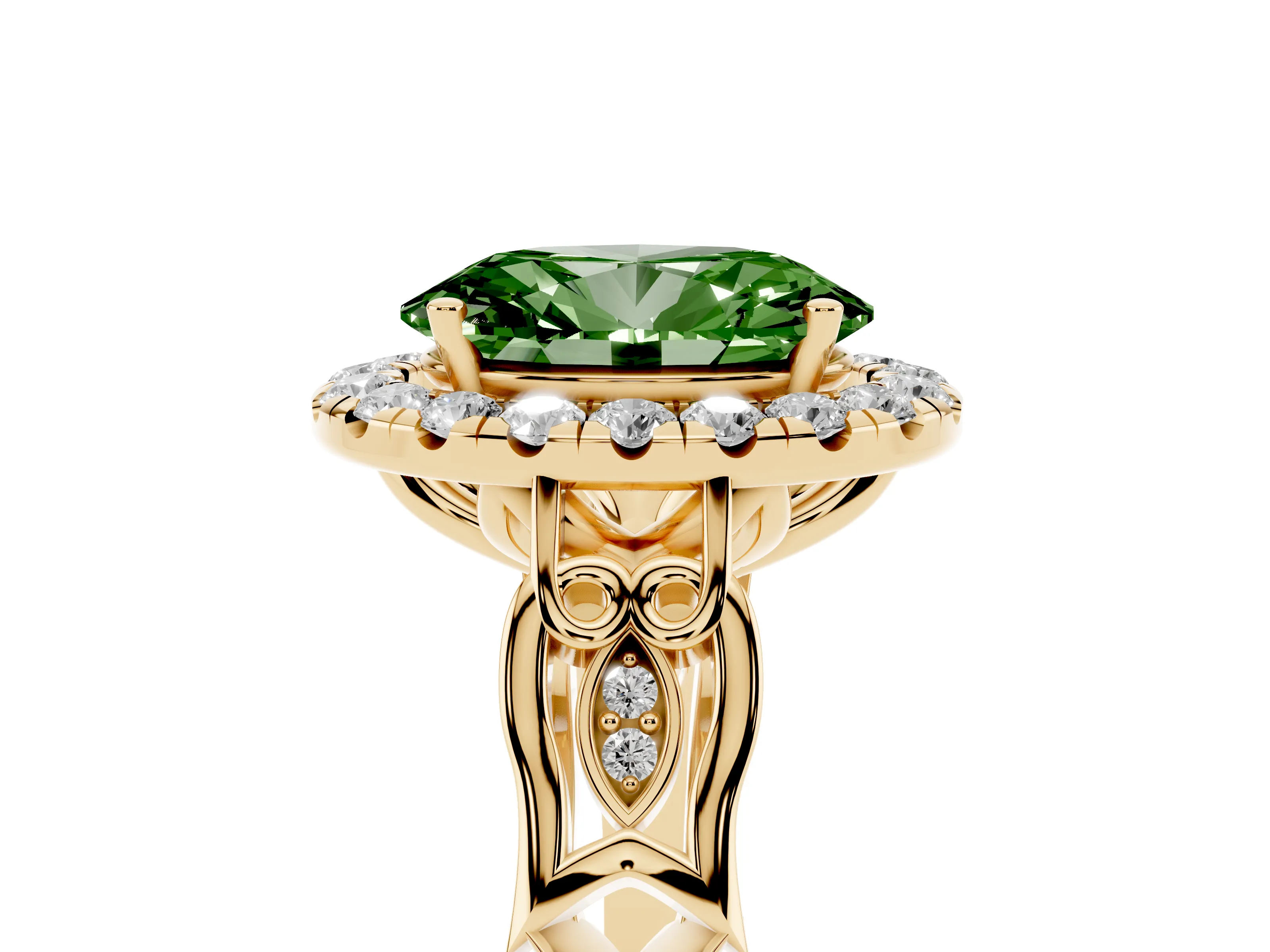Fancy Green Oval Cut Diamond Halo Engagement Ring Set in Yellow gold with Filigree Band and Prong-Set Center