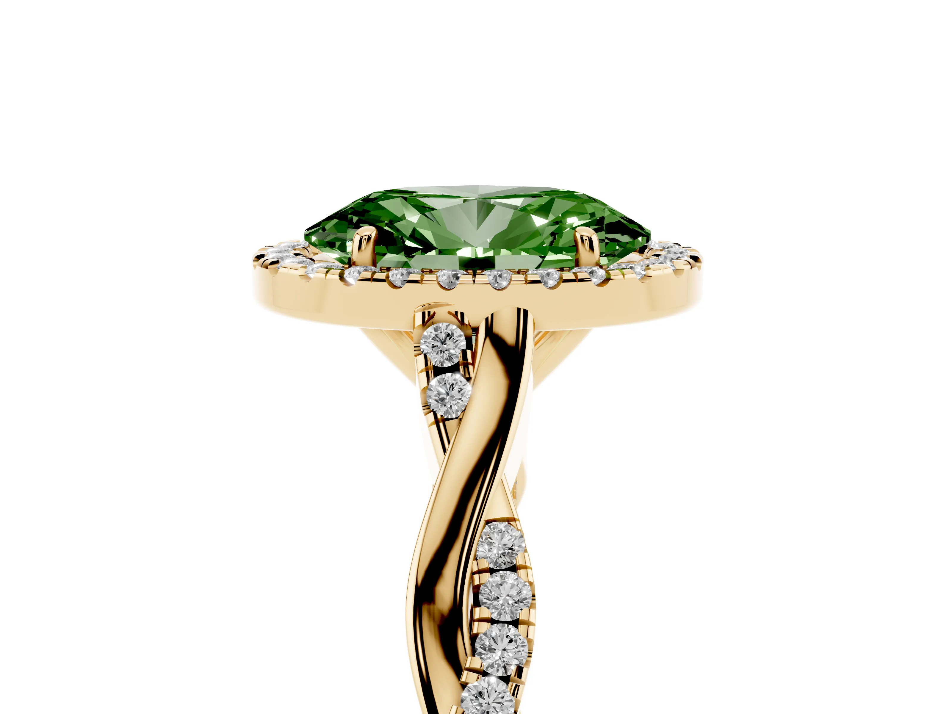 Fancy Green Oval Cut Diamond Halo Twist Band Solitaire Ring Set in Yellow gold with Prong Setting