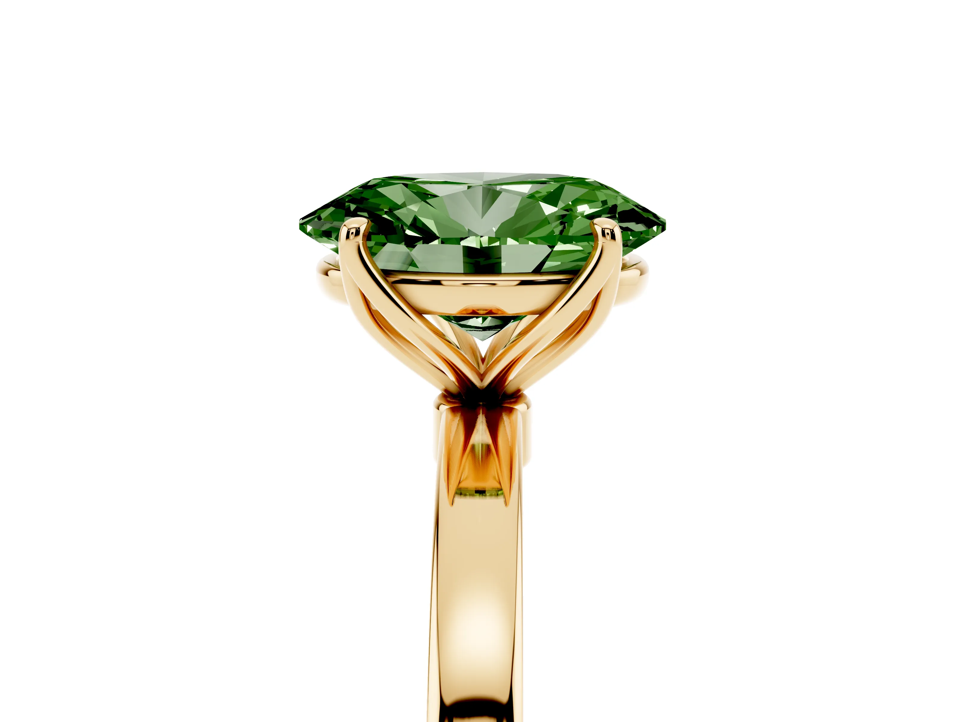 Fancy Green Oval Cut Diamond Solitaire Ring Set in Yellow gold with Prong Setting and Thin Polished Band