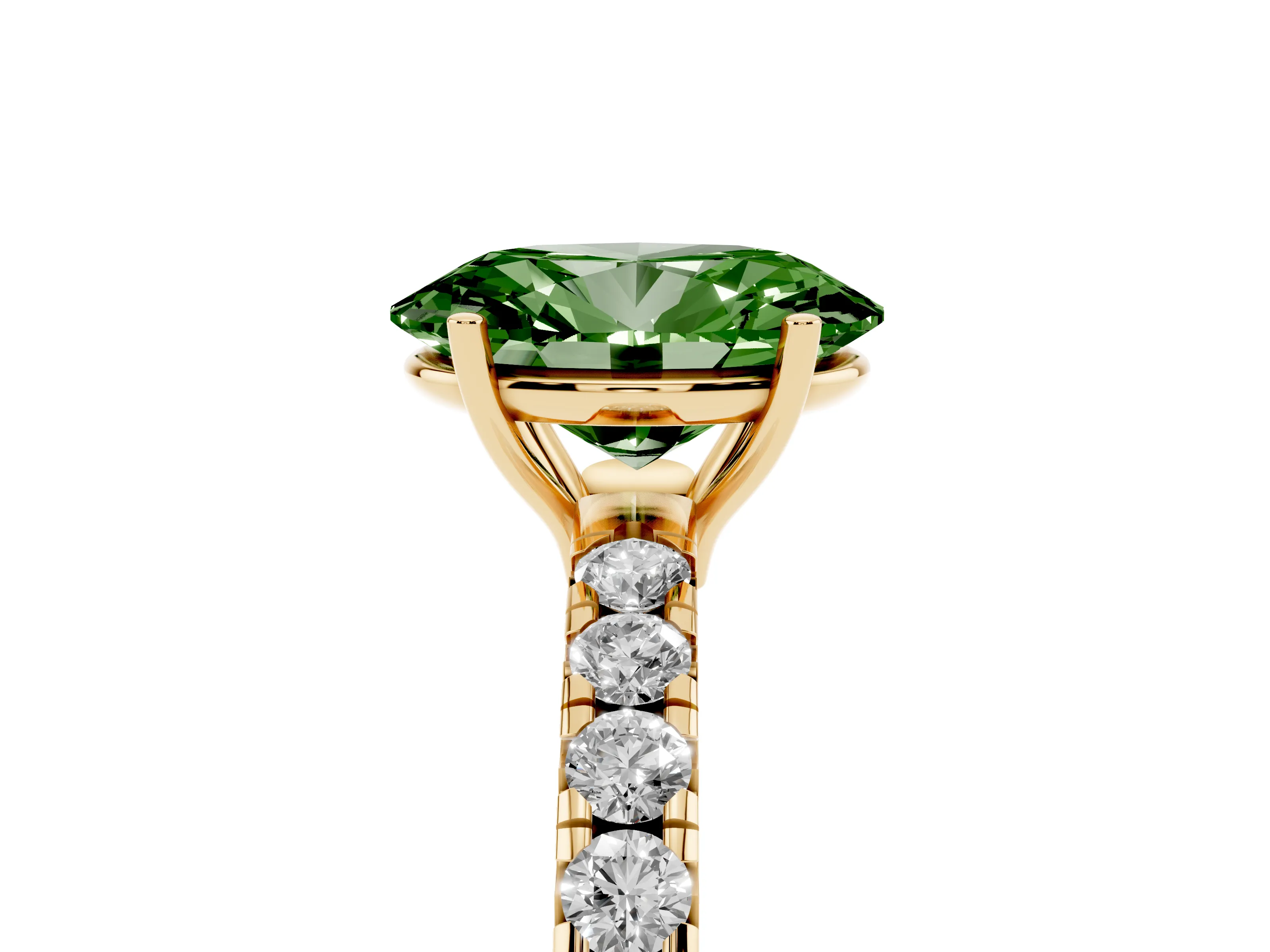 Fancy Green Oval Cut Diamond Pavé Solitaire Engagement Ring Set in Yellow gold with Prong Setting