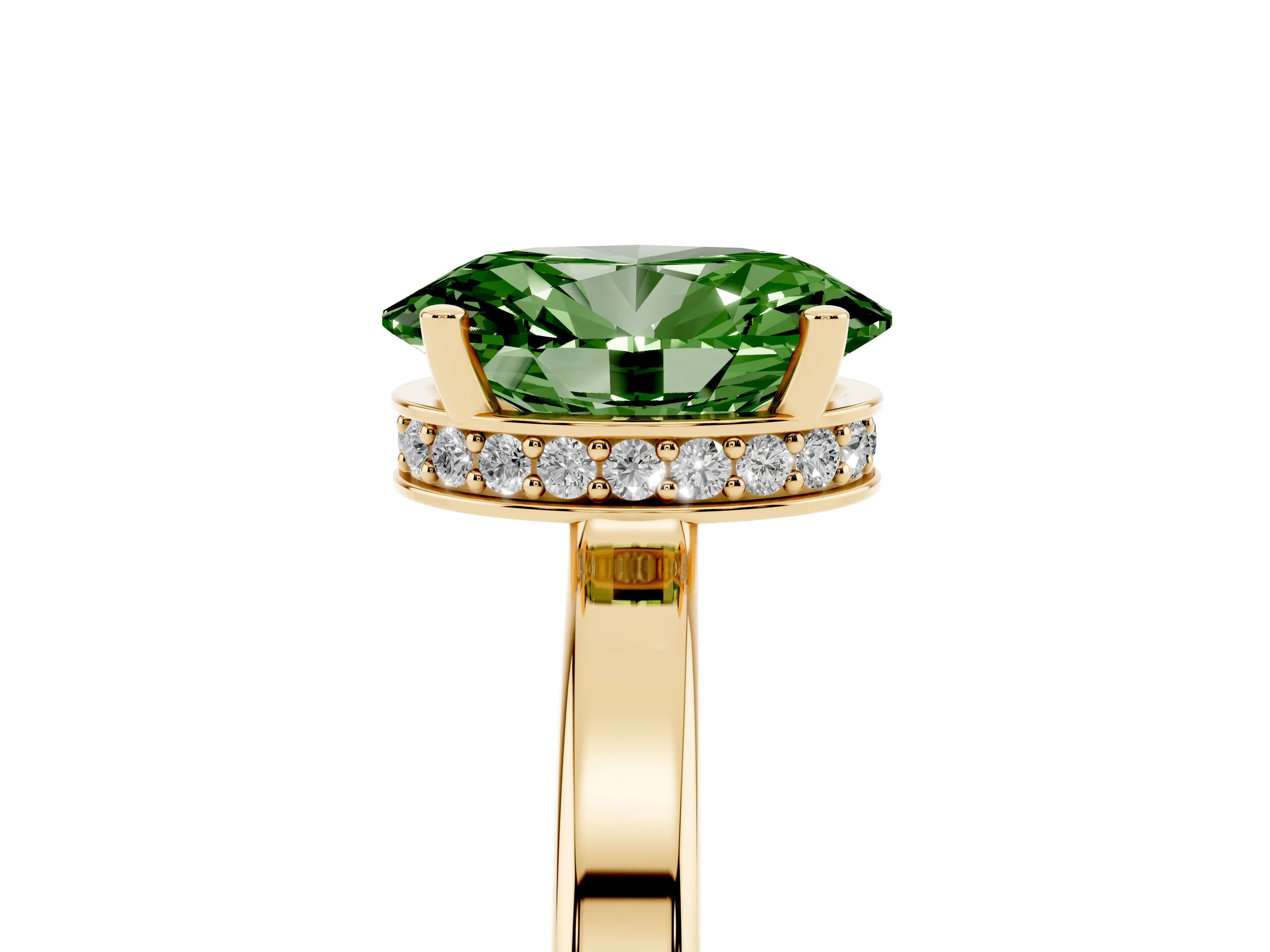 Fancy Green Oval Cut Diamond Solitaire Engagement Ring Set in Yellow gold with Prong Setting on a Plain Band