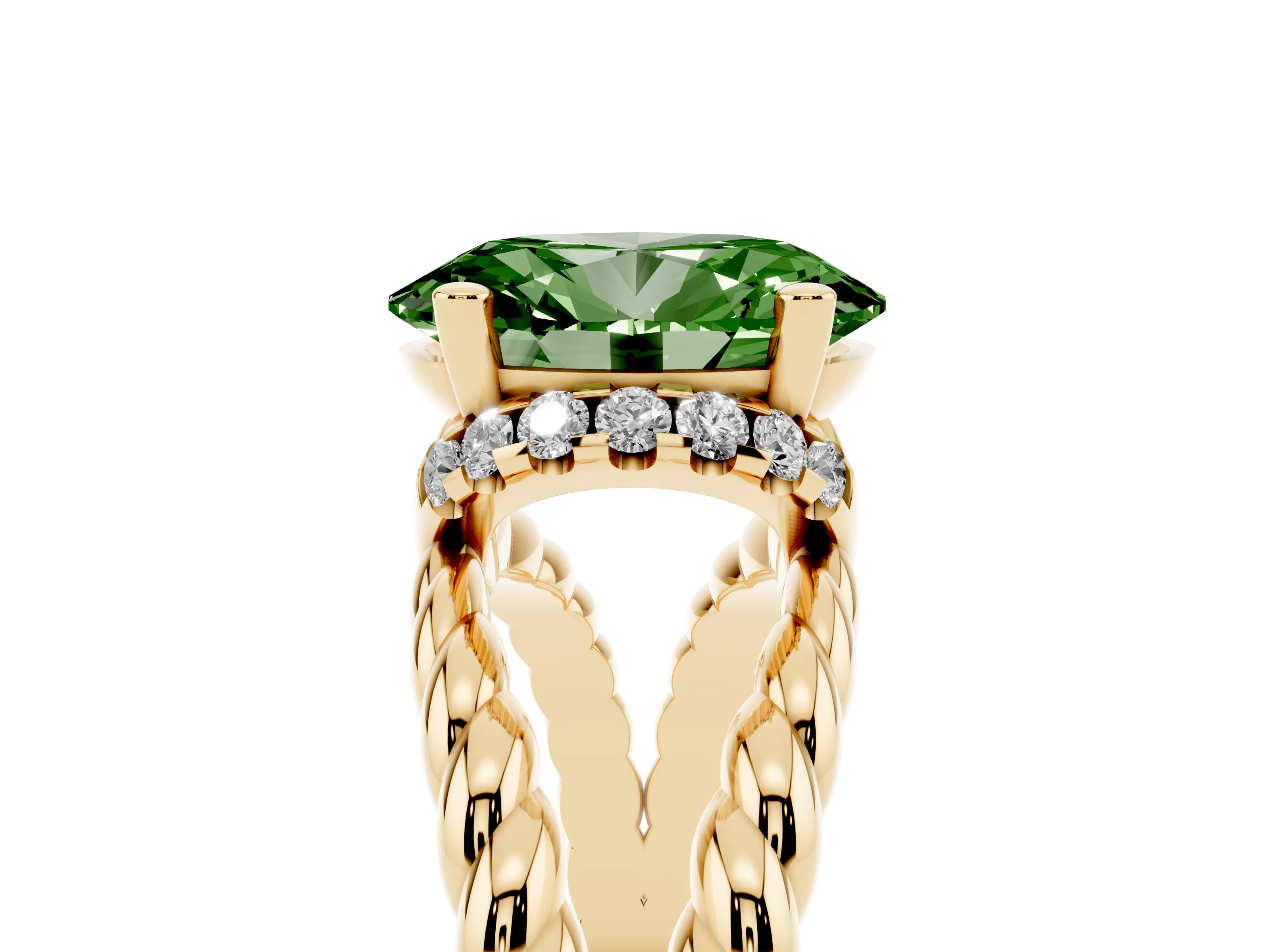 Fancy Green Oval Cut Diamond Halo Ring Set in Yellow gold with Twisted Band and Prong Setting