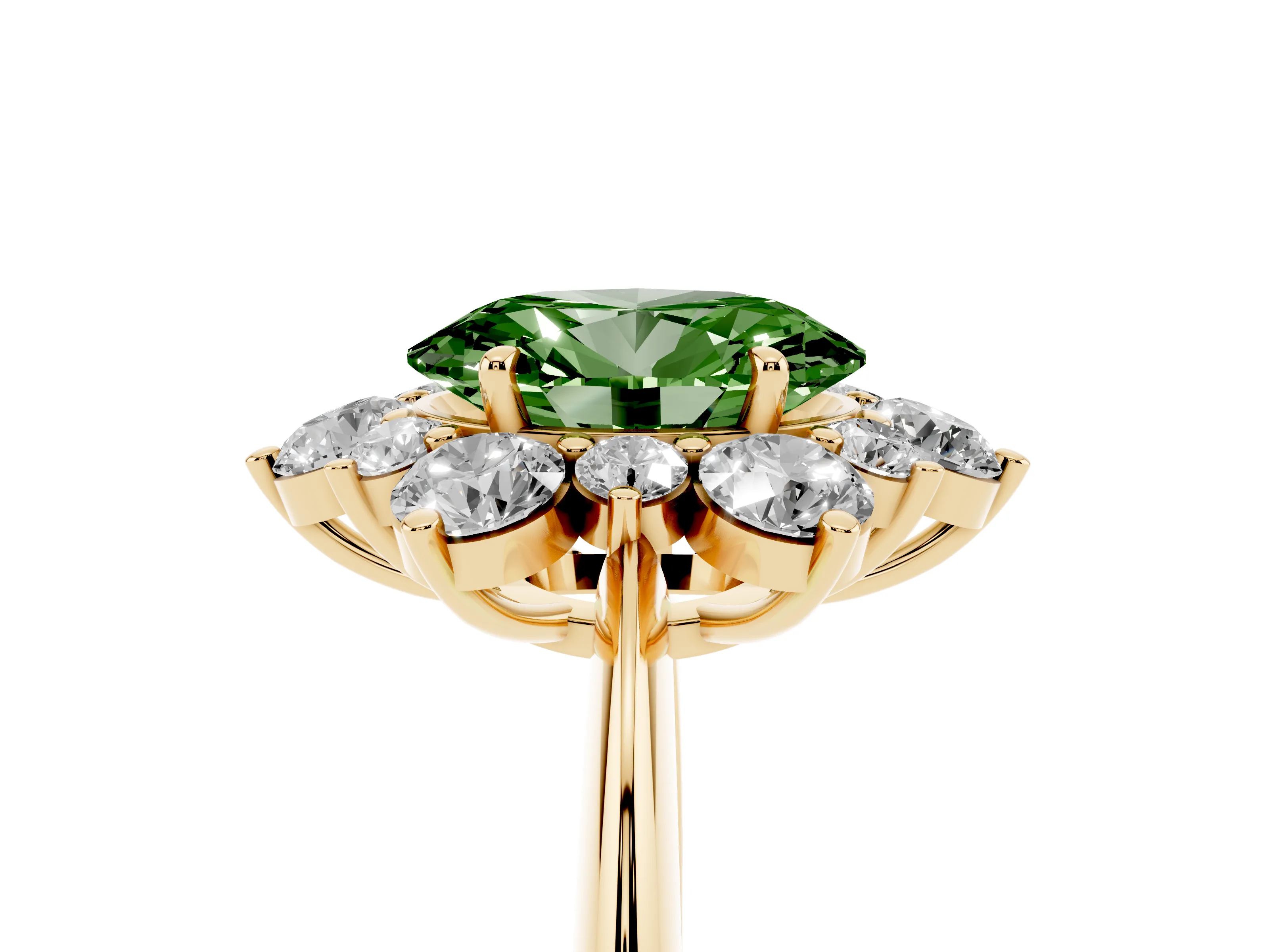 Fancy Green Oval Cut Diamond Cluster Halo Ring Set in Yellow gold with Solitaire Band and Prong Setting