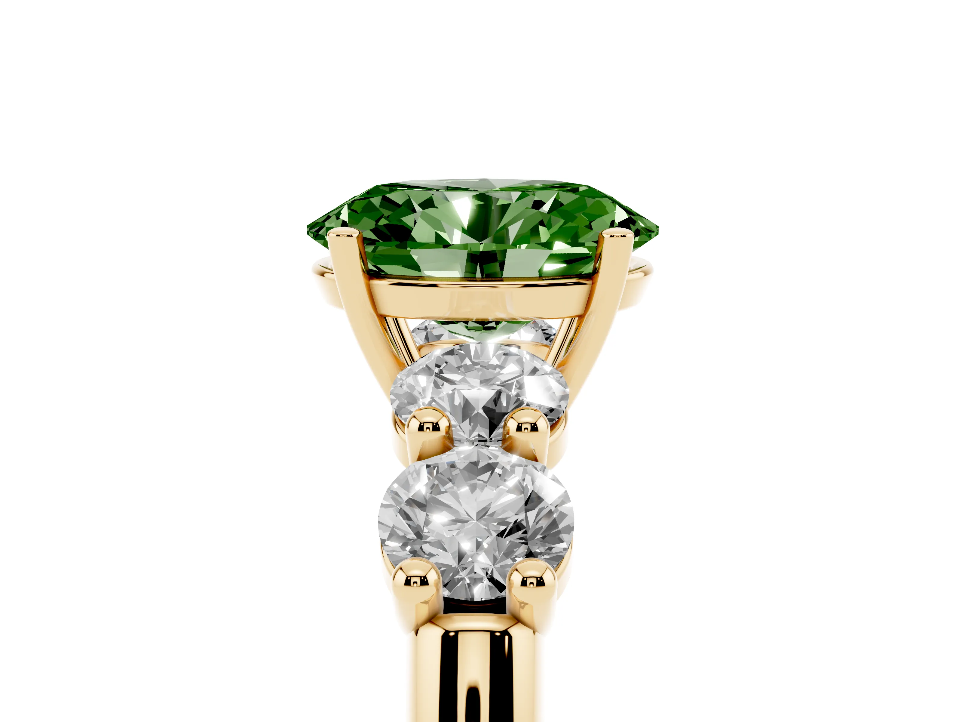 Fancy Green Oval Cut Diamond Five-Stone Prong Set Ring Set in Yellow gold with Classic Band