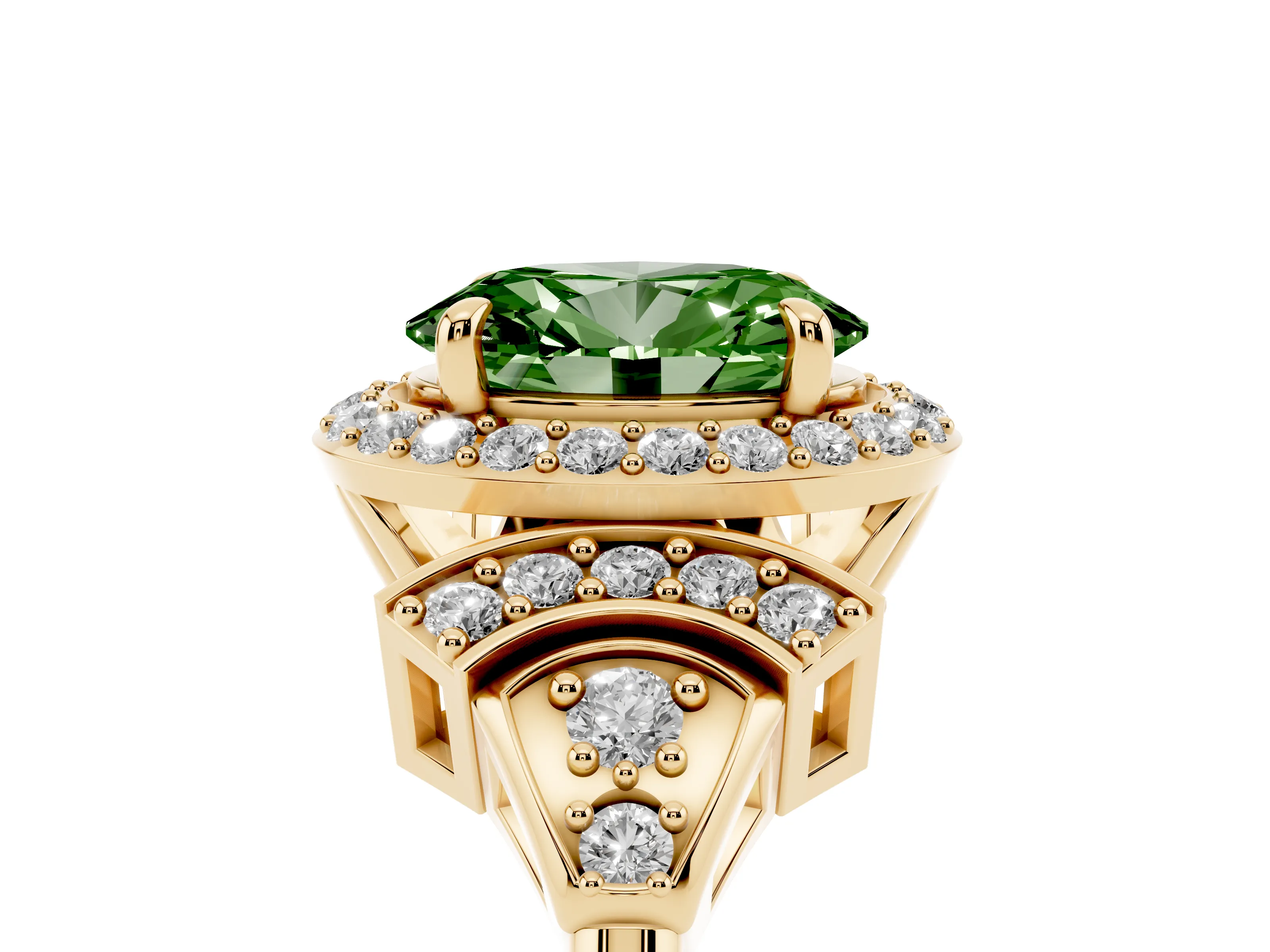 Fancy Green Oval Cut Diamond Halo Engagement Ring Set in Yellow gold with Accent Stone Split Shank