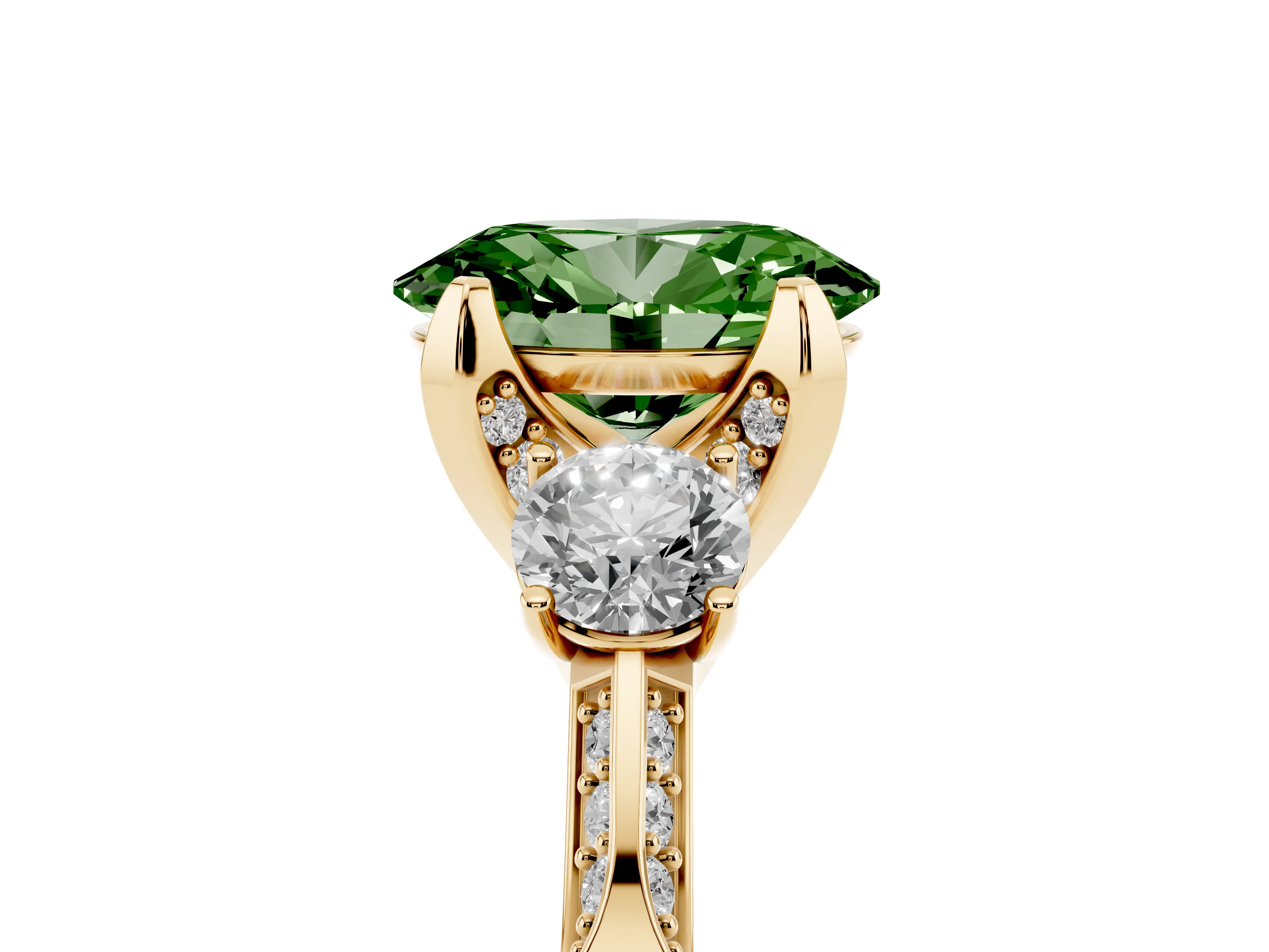 Fancy Green Oval Cut Diamond Three-Stone Ring Set in Yellow gold with Pavé Band and Smaller Side Stones
