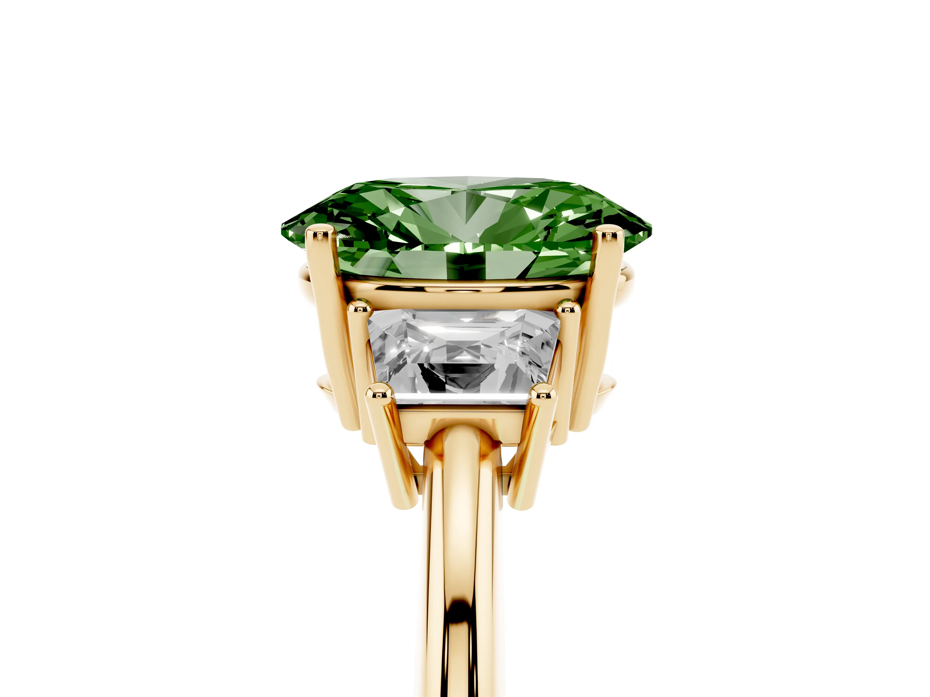 Fancy Green Oval Cut Diamond Three-Stone Ring Set in Yellow gold with Trapezoid Side Stones and Prong Setting