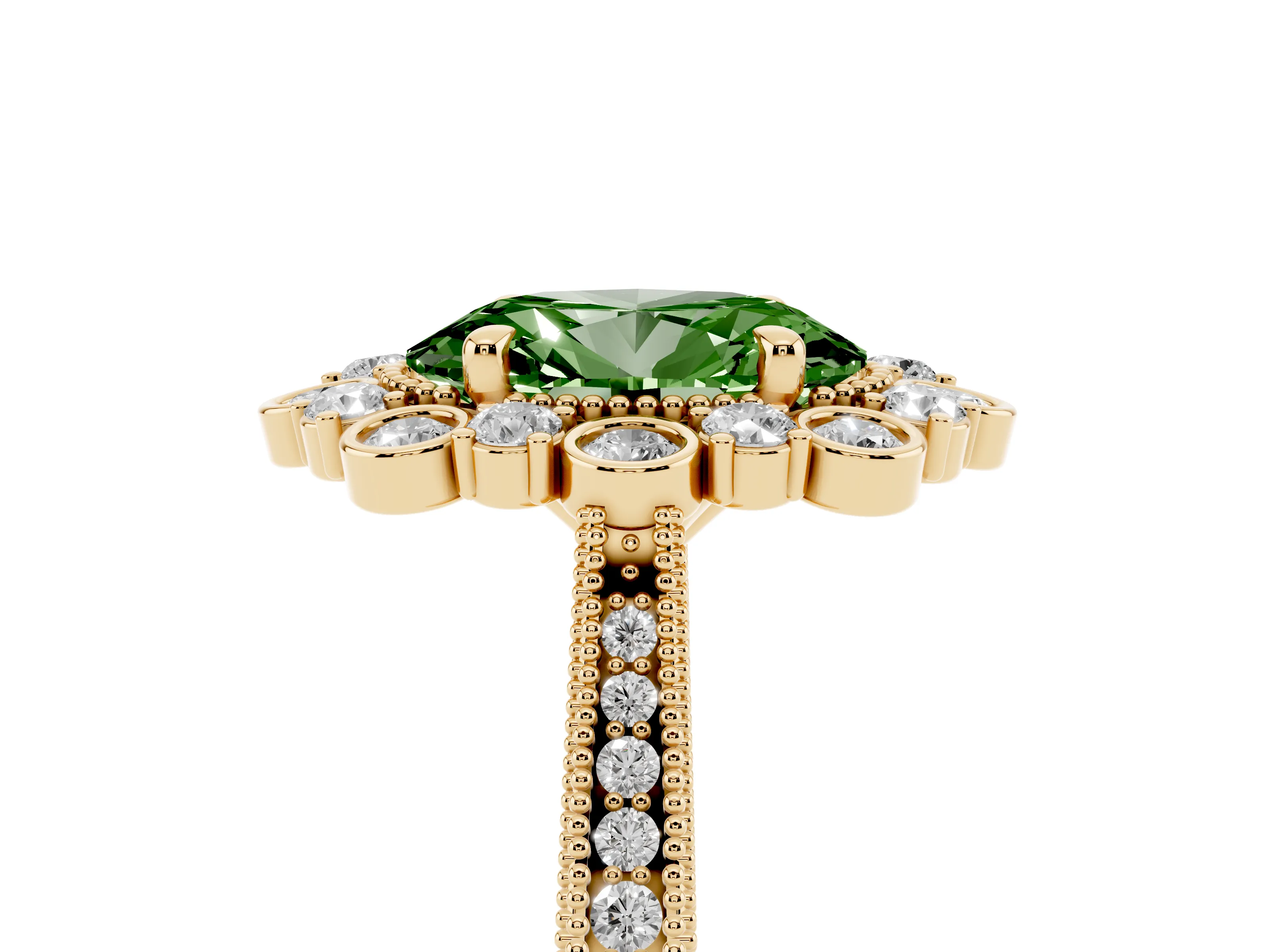 Fancy Green Oval Cut Diamond Halo Milgrain Pavé Ring Set in Yellow gold with Prong Setting