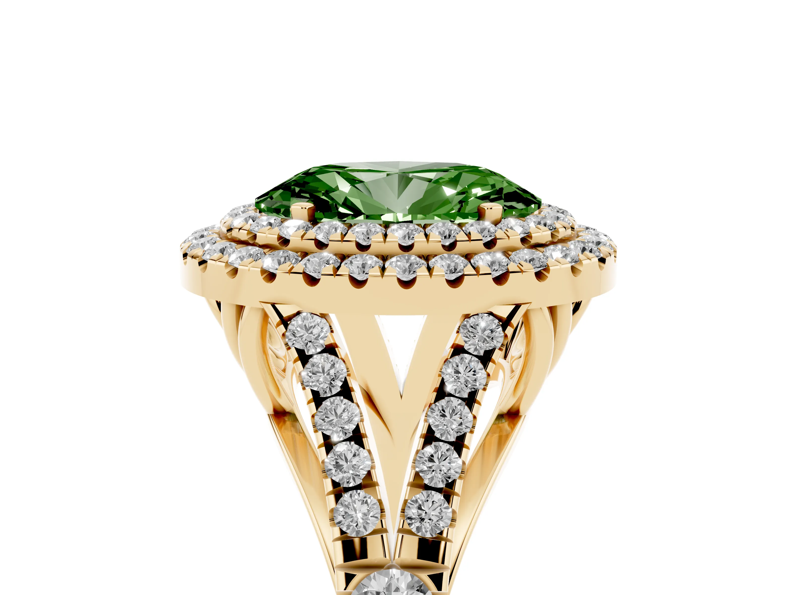 Fancy Green Oval Cut Diamond Pavé Split Shank Double Halo Engagement Ring Set in Yellow gold