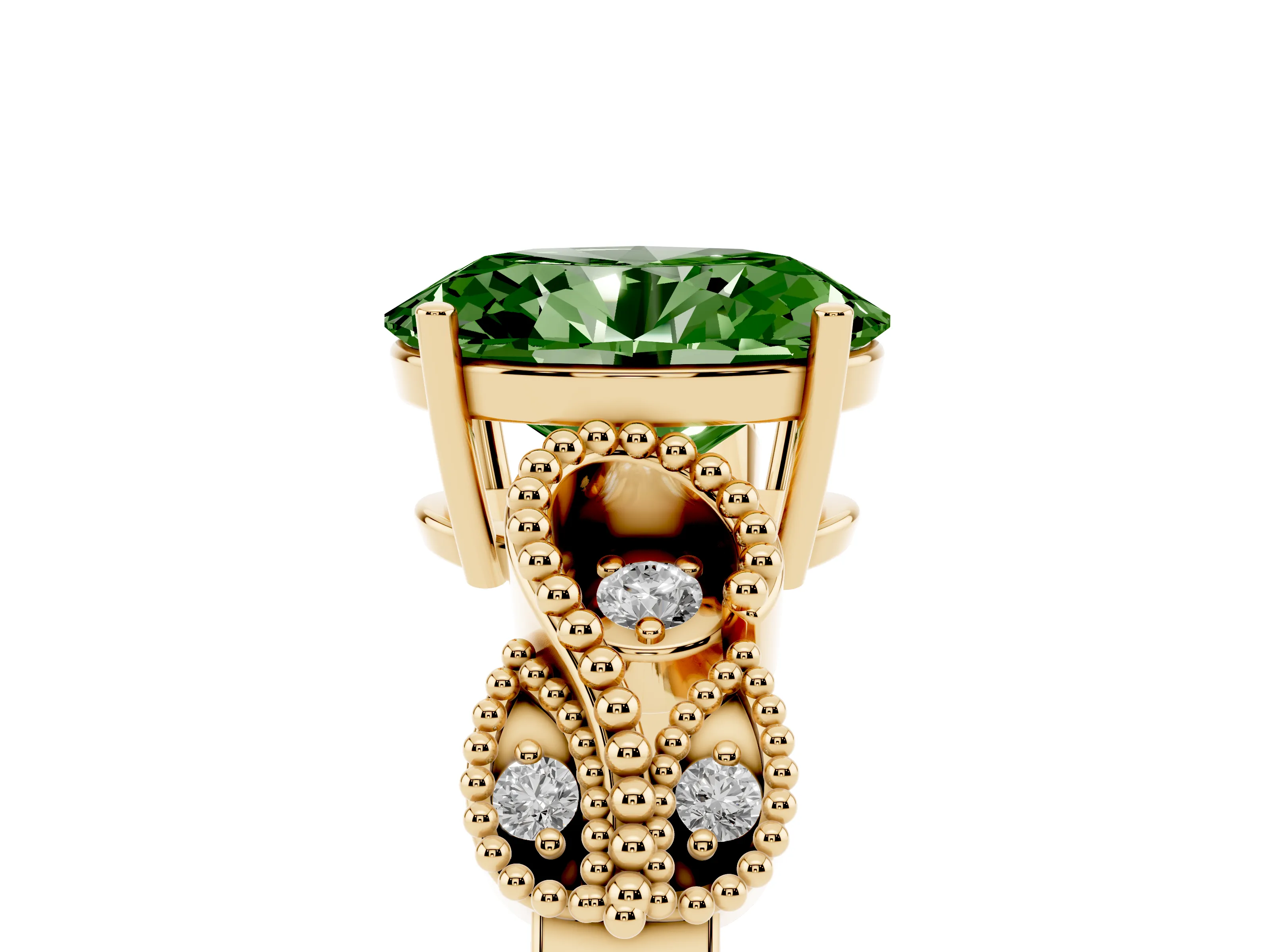 Fancy Green Oval Cut Diamond Milgrain Leaf Band Solitaire Ring Set in Yellow gold with Accent Stones and Prong Setting