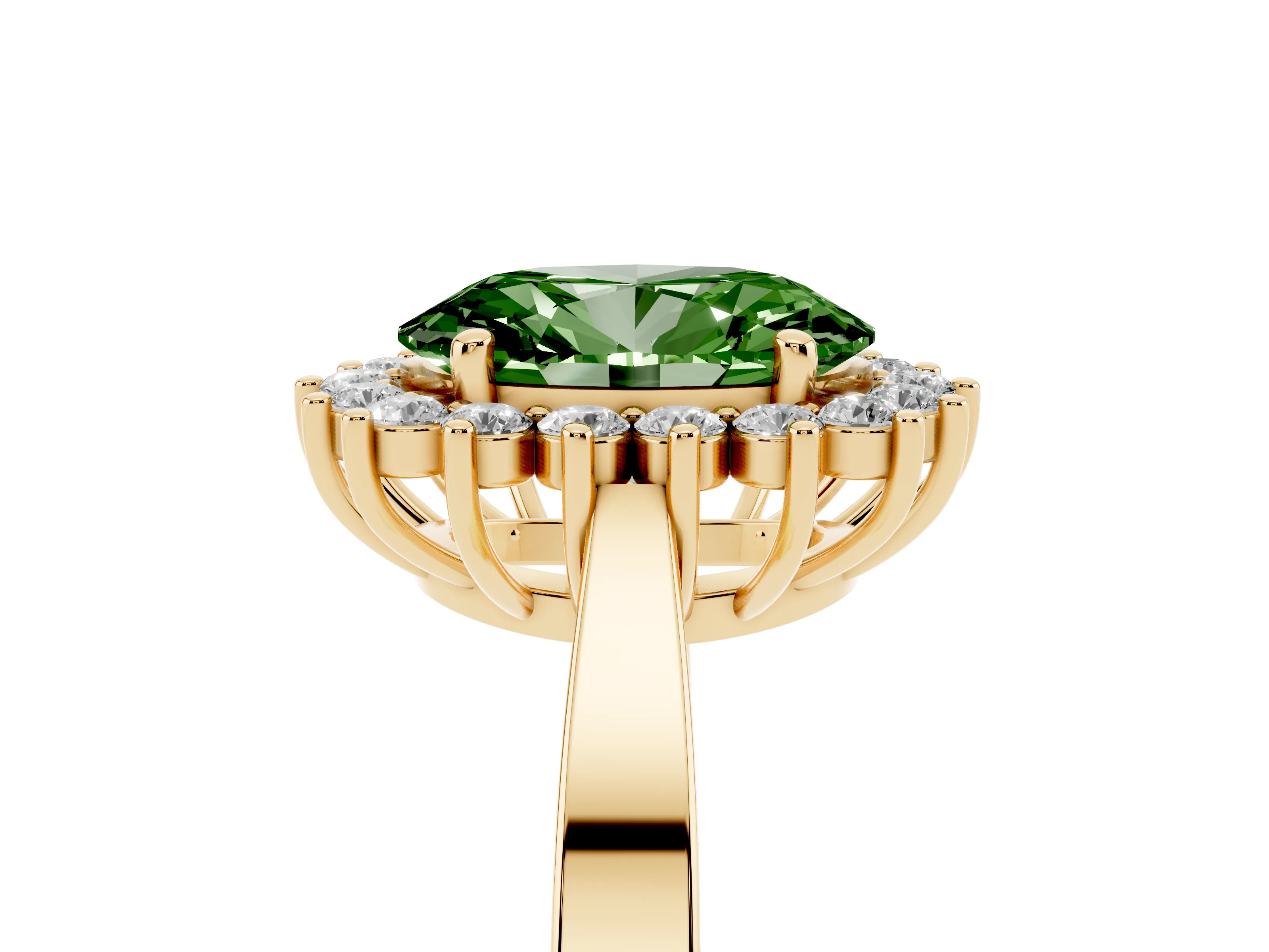 Fancy Green Oval Cut Diamond Halo Ring Set in Yellow gold with Round Halo and Smooth Solitaire Band