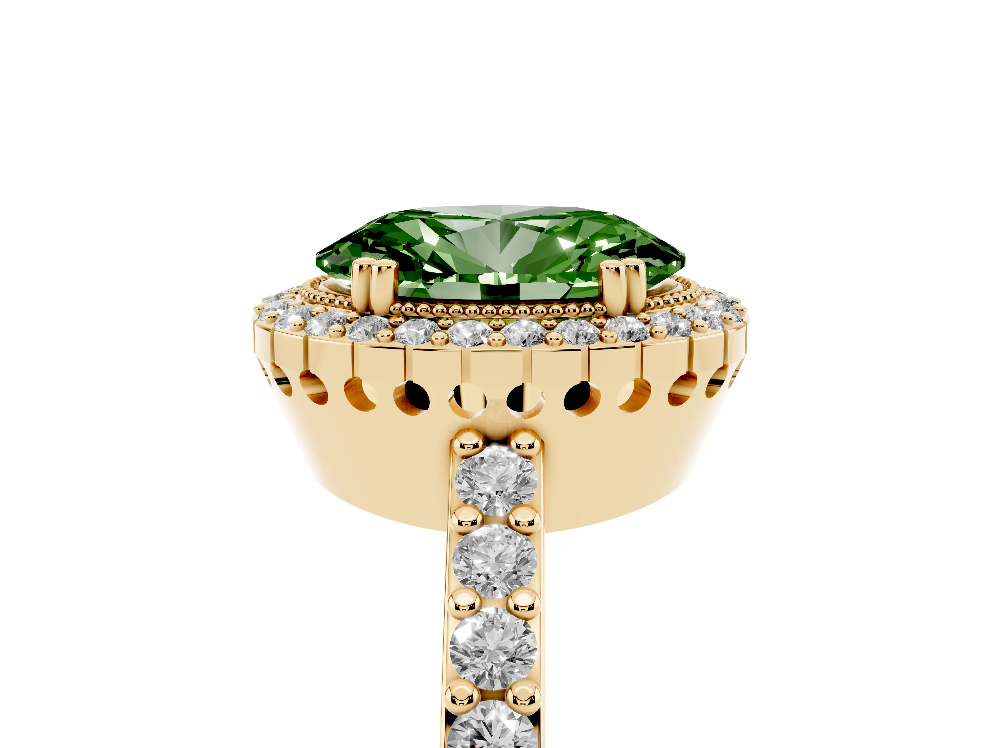 Fancy Green Oval Cut Diamond Halo Engagement Ring Set in Yellow gold with Milgrain Detail and Pavé Band
