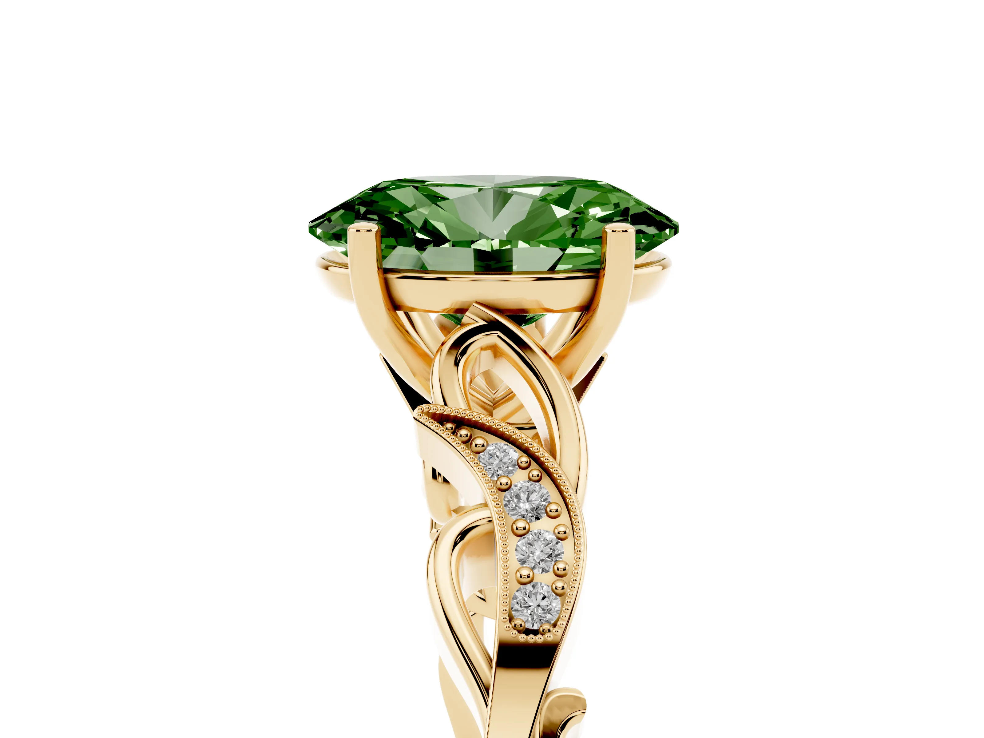 Fancy Green Oval Cut Diamond Vine Band Solitaire Ring Set in Yellow gold with Milgrain Prong Setting