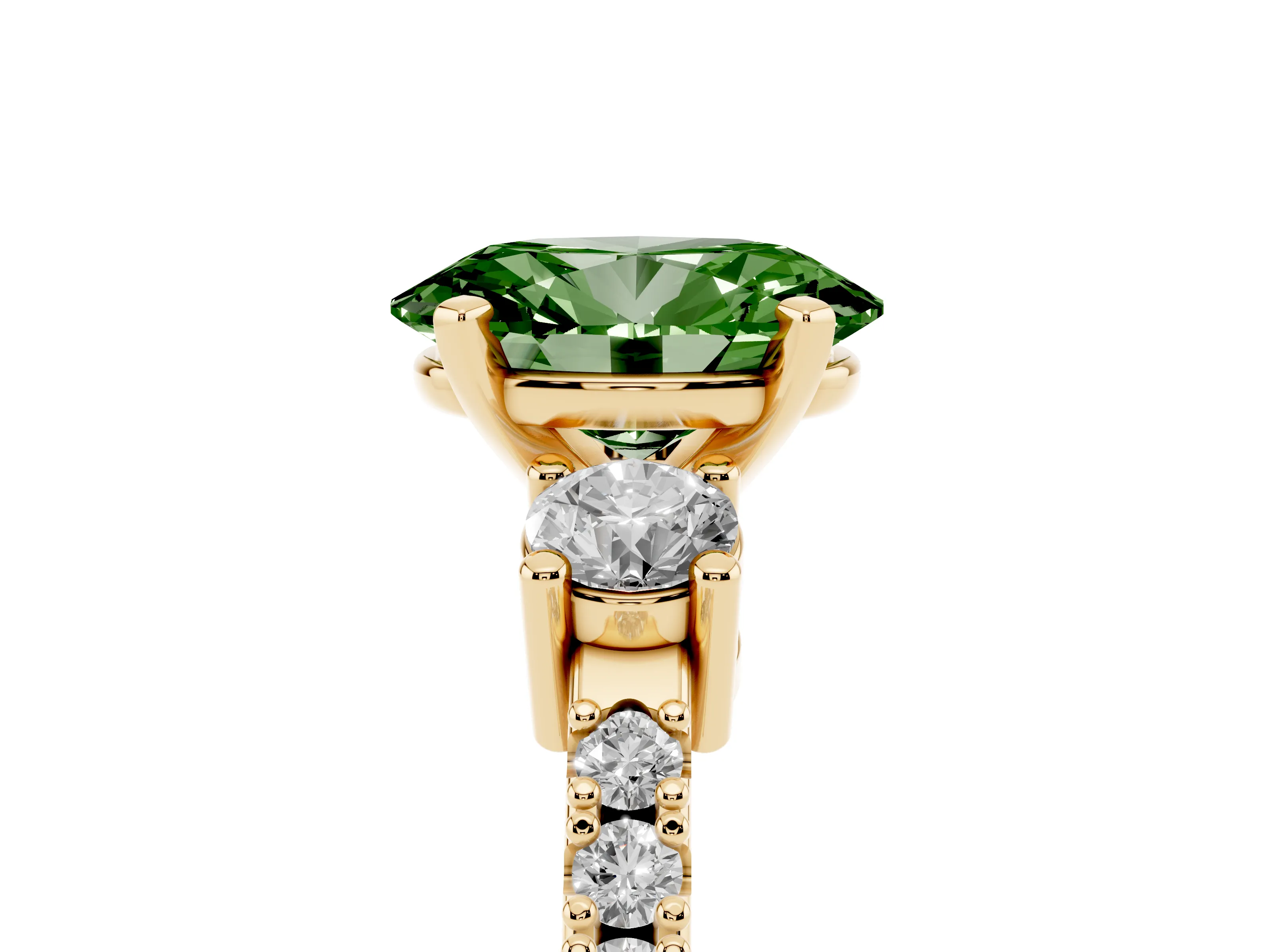Fancy Green Three-Stone Oval Cut Diamond Pavé Band Ring Set in Yellow gold with Prong Setting