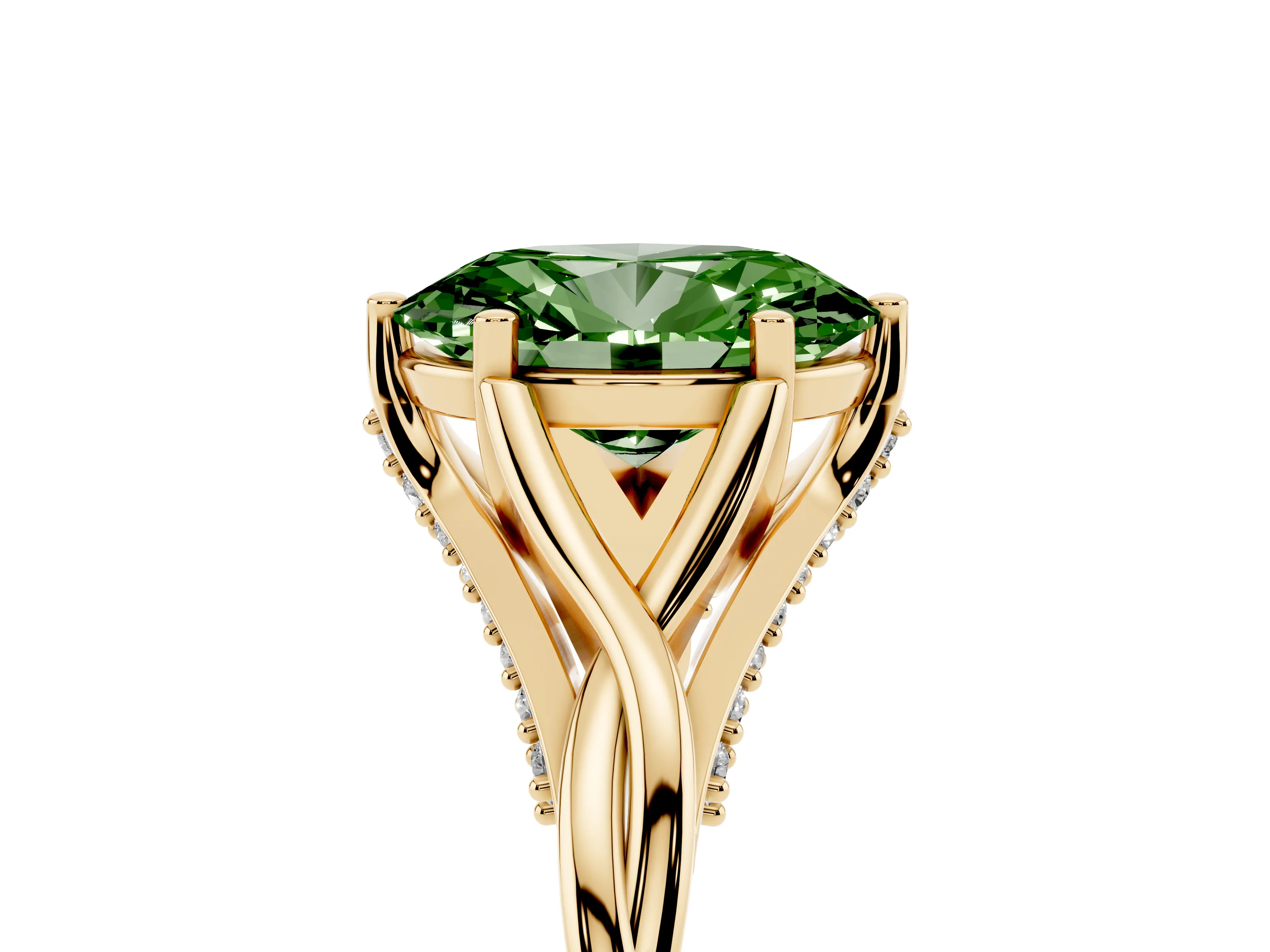 Fancy Green Oval Cut Diamond Intertwined Twist Band Solitaire Ring Set in Yellow gold with Prong Setting